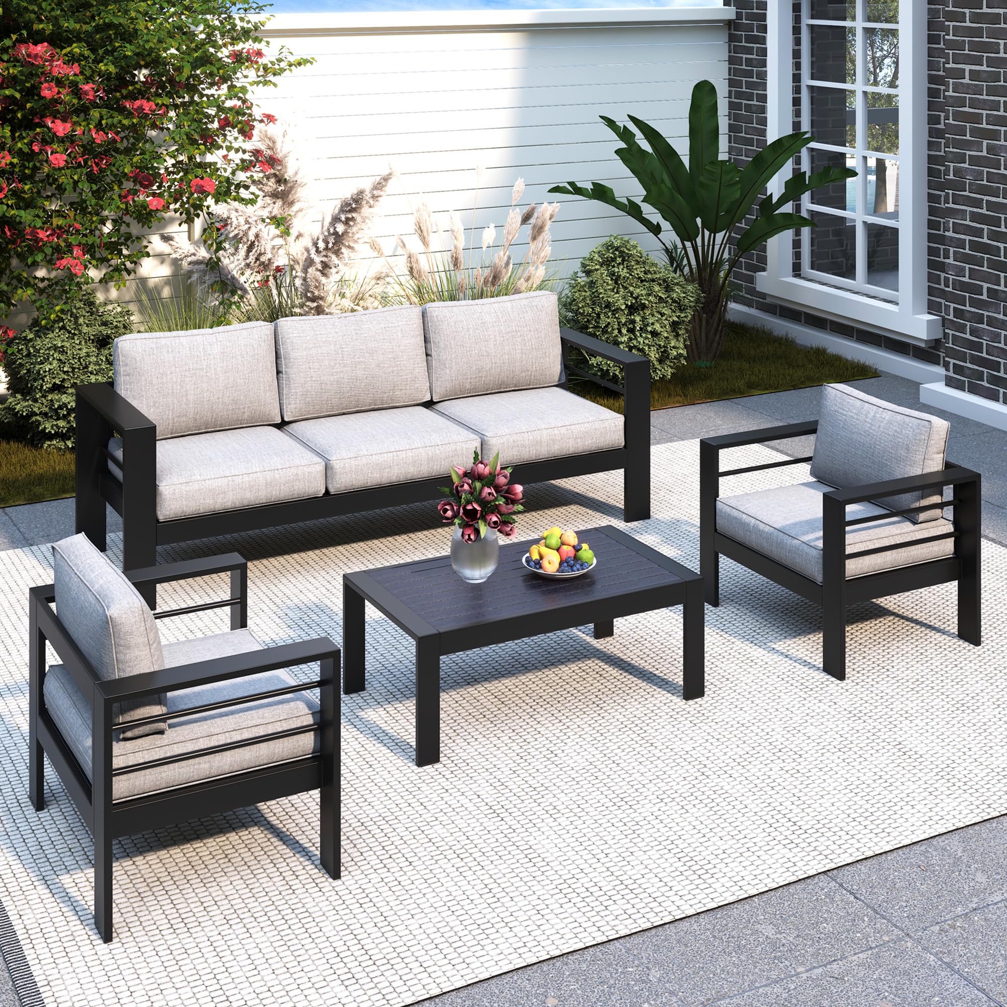 Solaste Aluminum Patio Furniture Set, 4 Pcs Modern Outdoor Conversation Set Sectional Sofa with Upgrade Cushion and Coffee Table,Black Frame and Grey Cushion