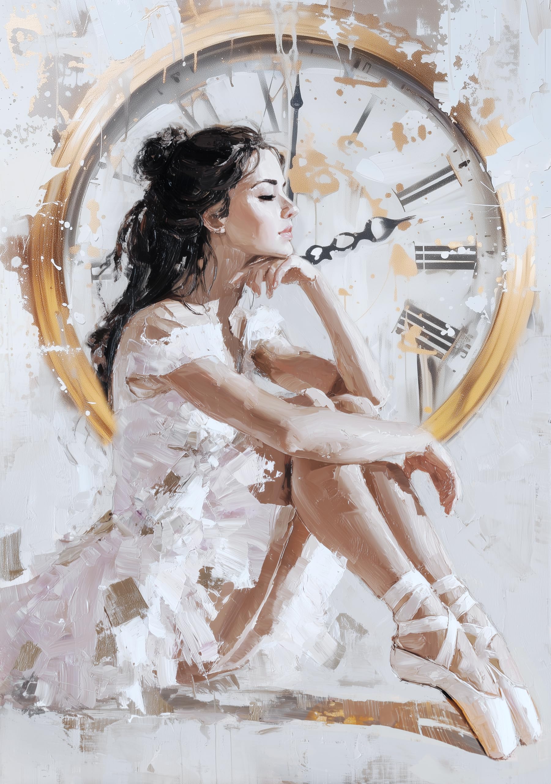 STYLER Leinwandbild Dreaming 70 x 100 cm – Canvas-Handpainting mit Ballerina-Motiv – Elegante Kunst in Weiß und Gold – Sensual Serenity Kollektion – Modern Classic Wandbild Deko