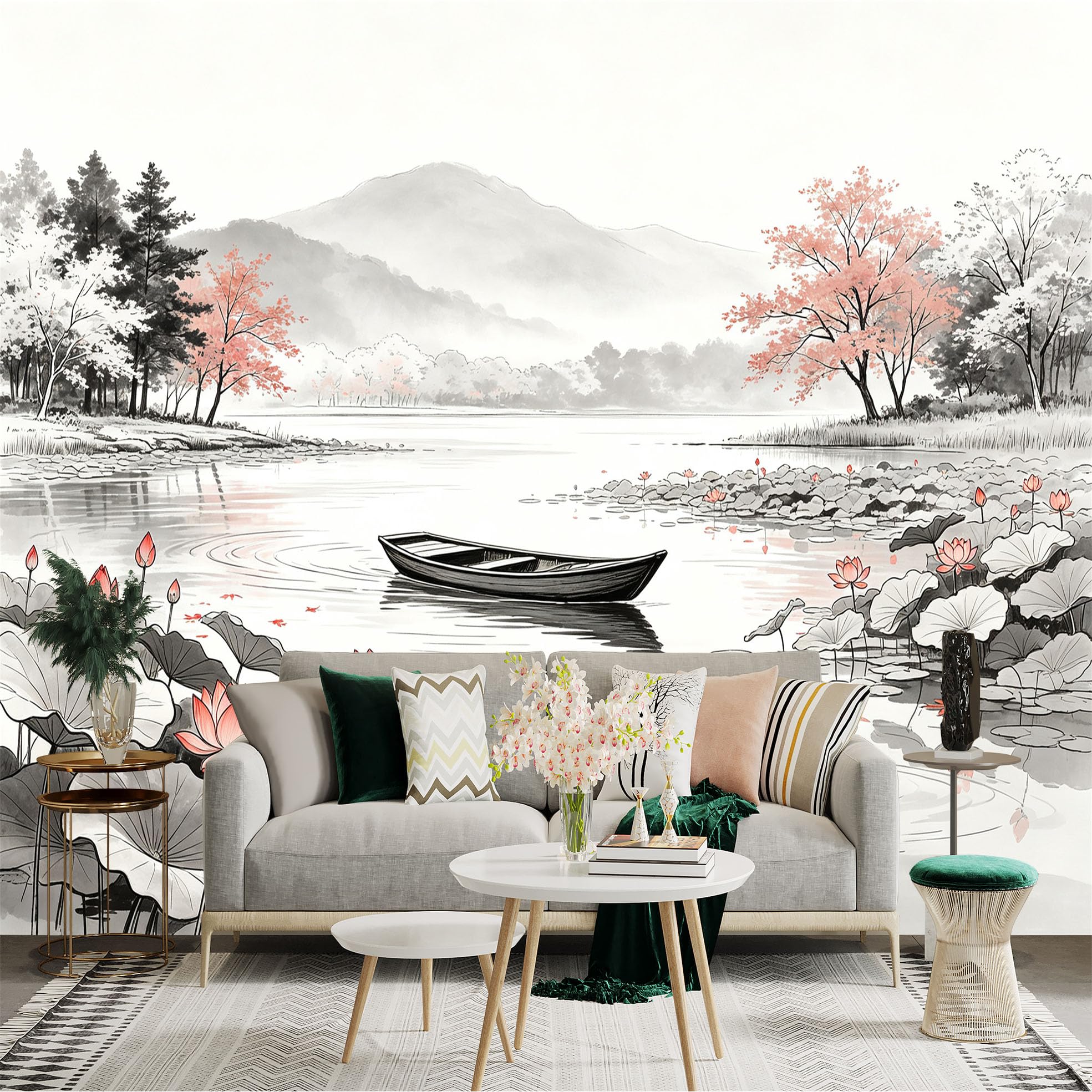Custom Size Wall Sticker Mural， Traditional Chinese Ink Wash Painting， Zen Lotus Pond with Wooden Boat， Peaceful Mountain Landscape， for wall Decoration， peelandstick wall Decals.