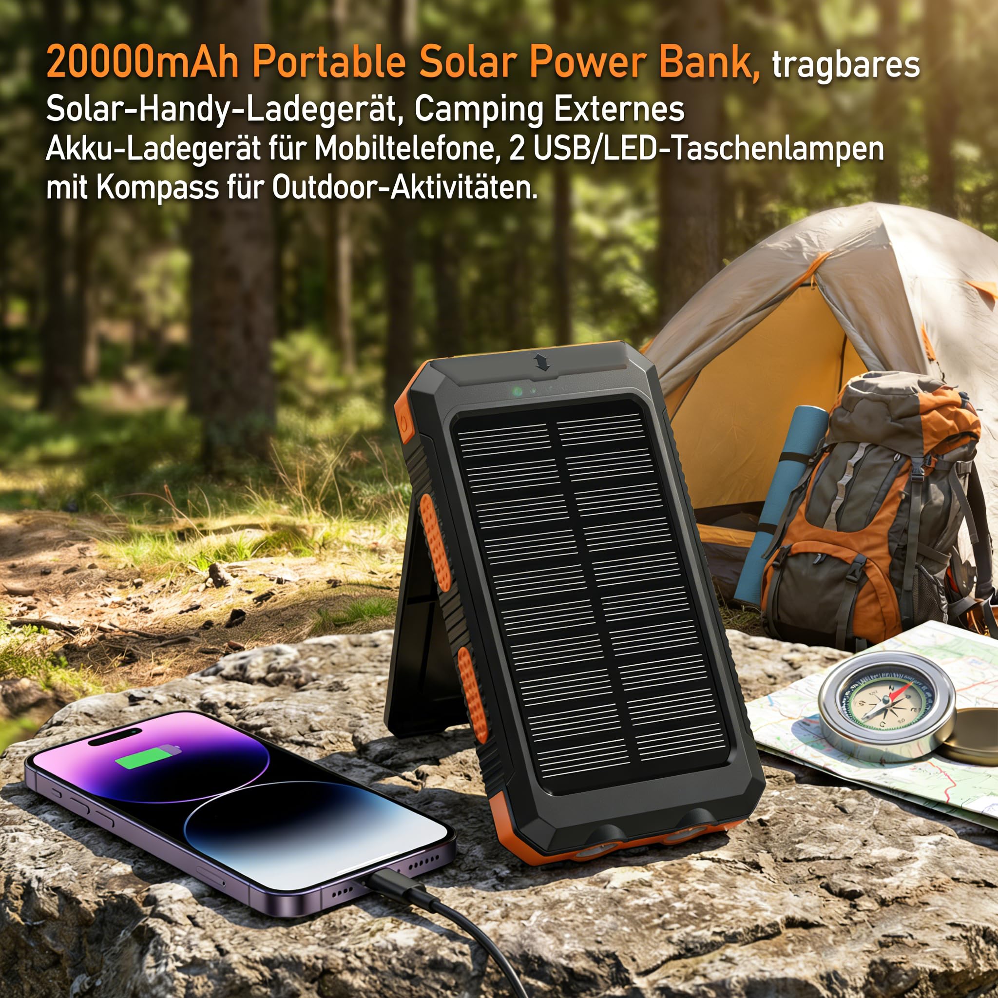 Solar Powerbank 20000mAh, Wasserdichtes USB C Externer Akku mit 2 Outputs, 2 USB-Anschlüssen, LED-Taschenlampen mit Kompass für Outdoor-Aktivitäten