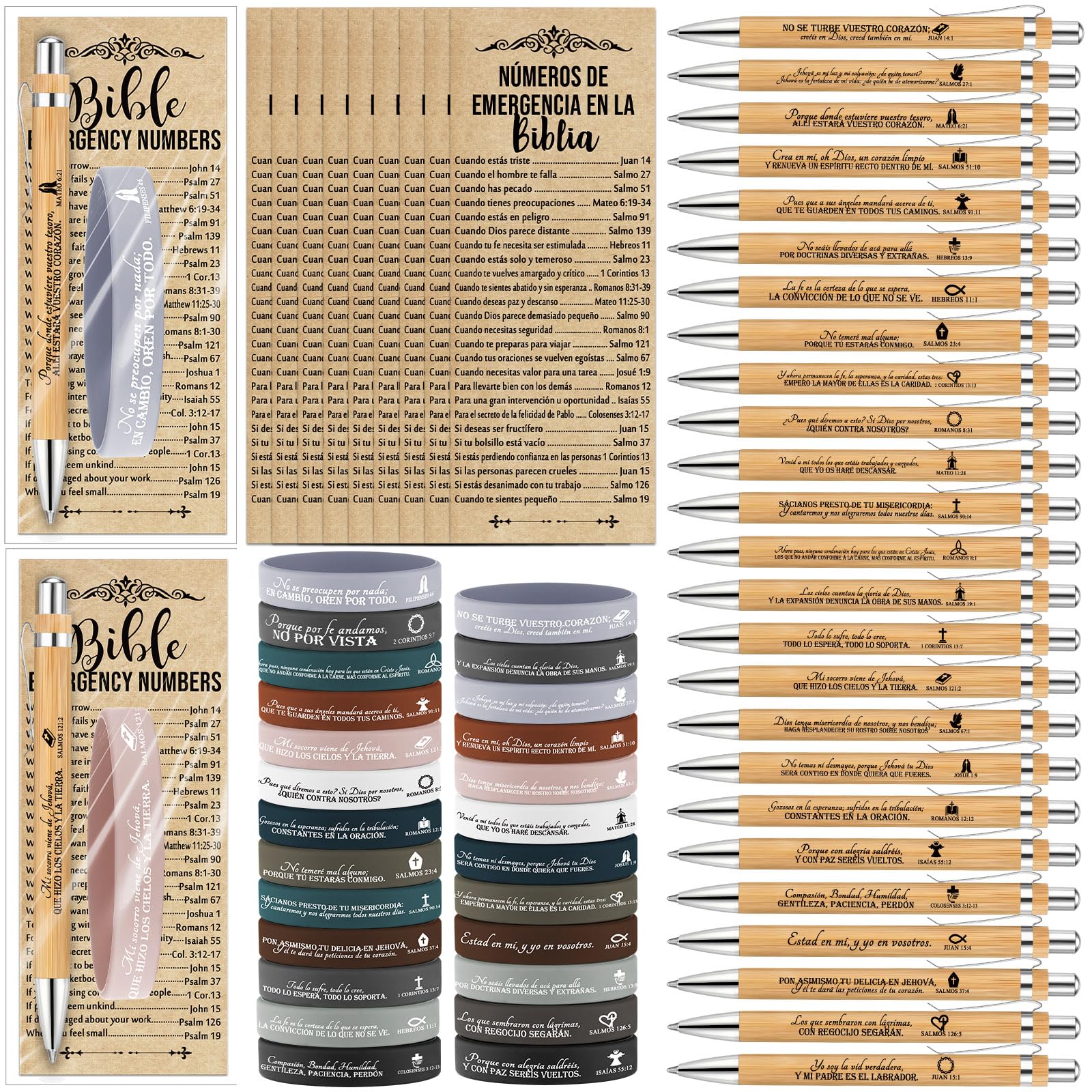 Feifeiya 50 Sets christliche Kirchengeschenke, Bibelvers, Bambusstift, religiöses Silikon-Armband, Notfallnummer, Lesezeichen, Bibelstudium, Geschenk für Frauen, Männer, Vatertag