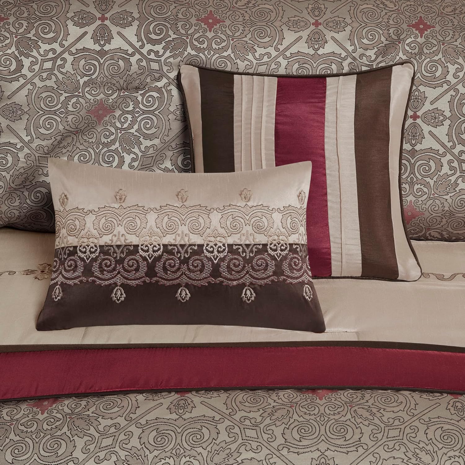 Madison Park Neyson Comforter Faux Silk-Traditional Luxurious Jacquard Design All Season Set, Matching Bed Skirt, Decorative Pillows, and Curtains, Valance King, Red Medallion 12 Piece