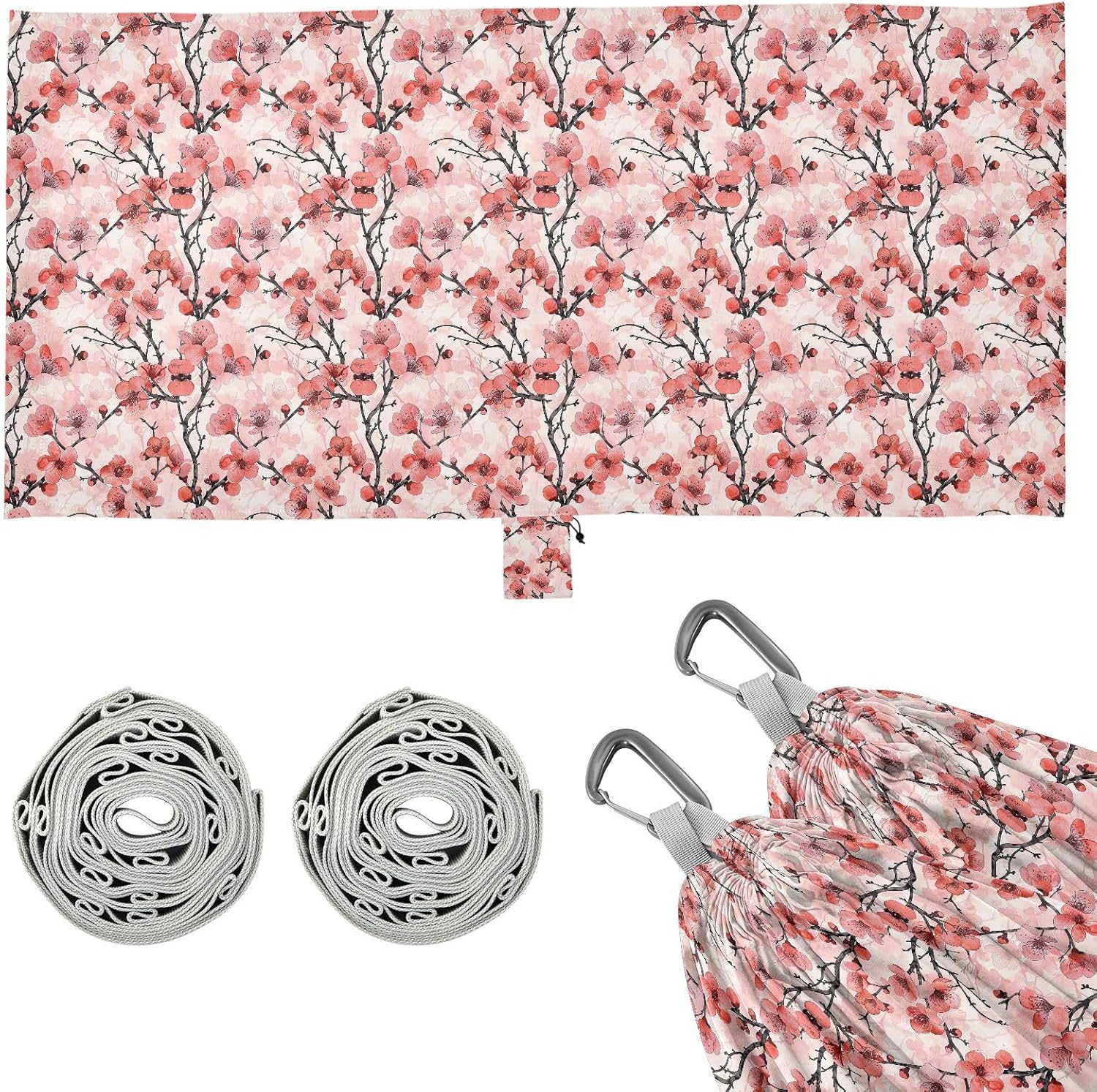 ALAZA Red Cherry Blossom Floral Flowers Camping Hammocks Single or 2 Person 500 lbs Portable Parachute Travel Hammock w/Tree Straps for Hiking Backpacking Indoor Outdoor