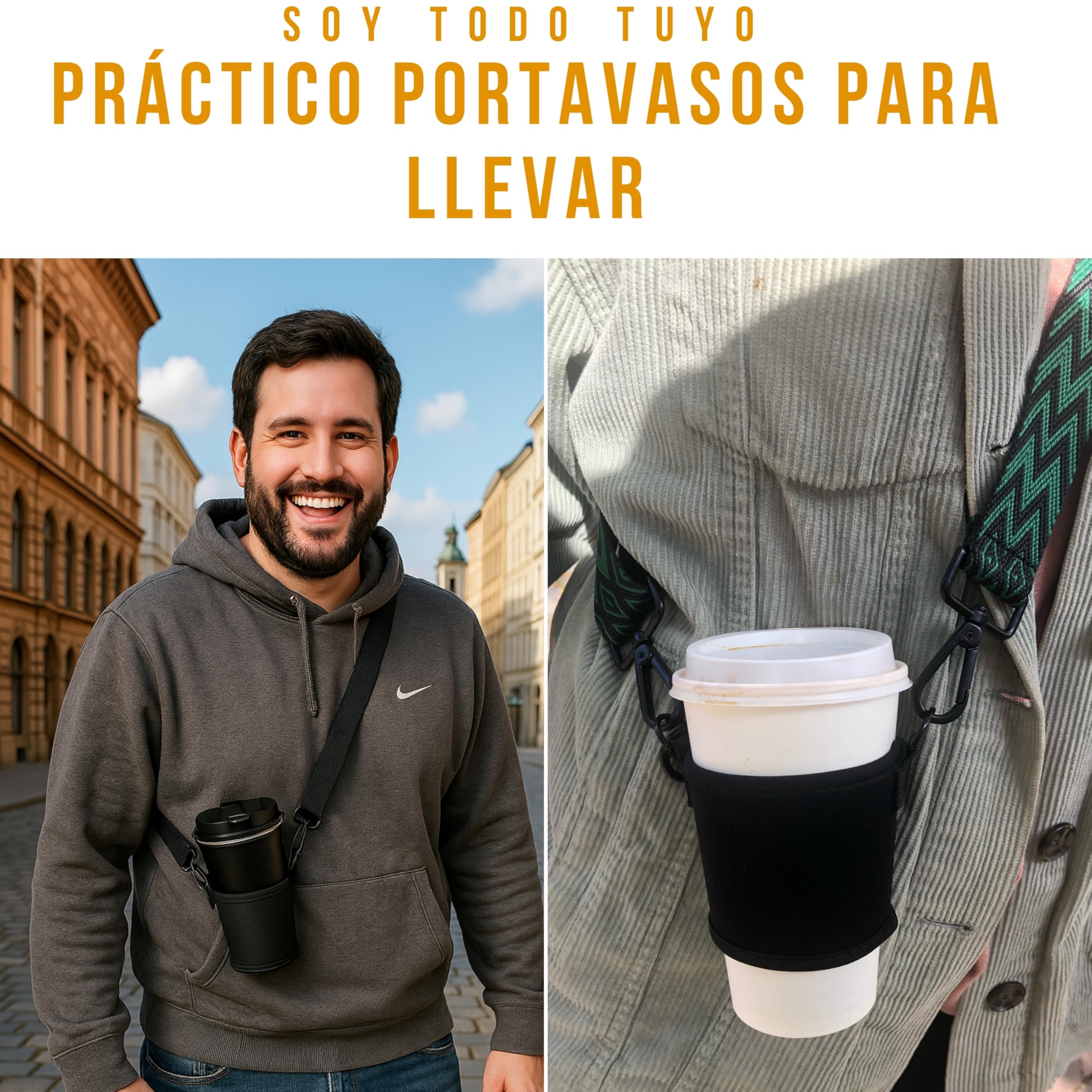 Juego de tazas de café y portavasos, soporte para vasos y taza térmica para colgar, soporte para bebidas de neopreno con correa ajustable para el hombro (negro, negro)