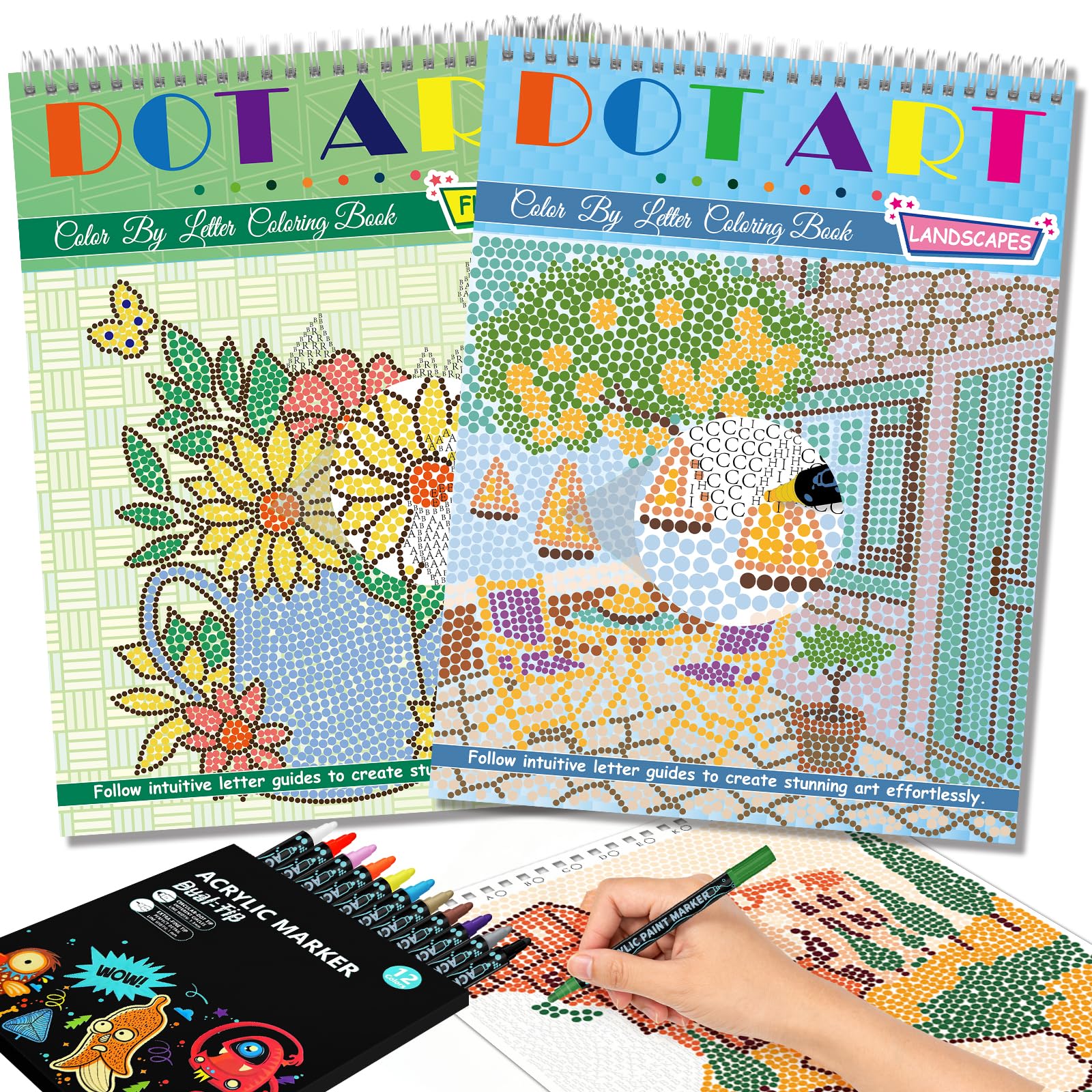 Kalysky 2 Pack Dot Art Colouring Book for Adults,Landscapes & Floral Themes