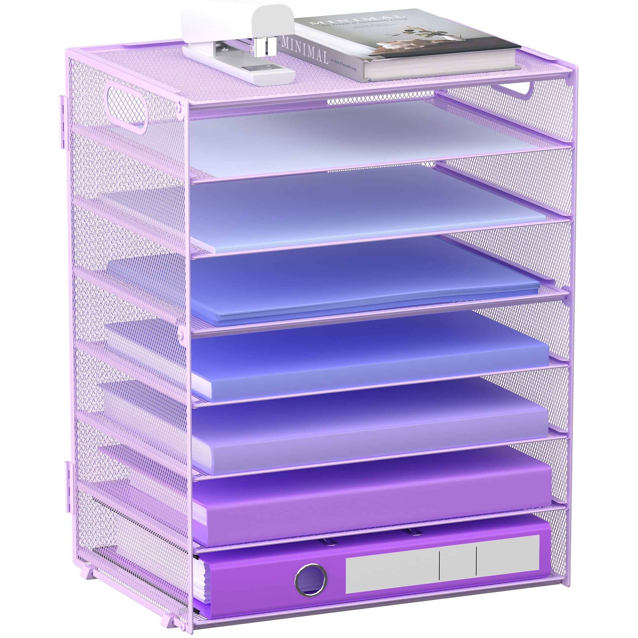 8 Tier Paper Letter Tray Organizer with Handles, Mesh Desk File Holder Storage Organization for Home School Classroom & Office (Purple)
