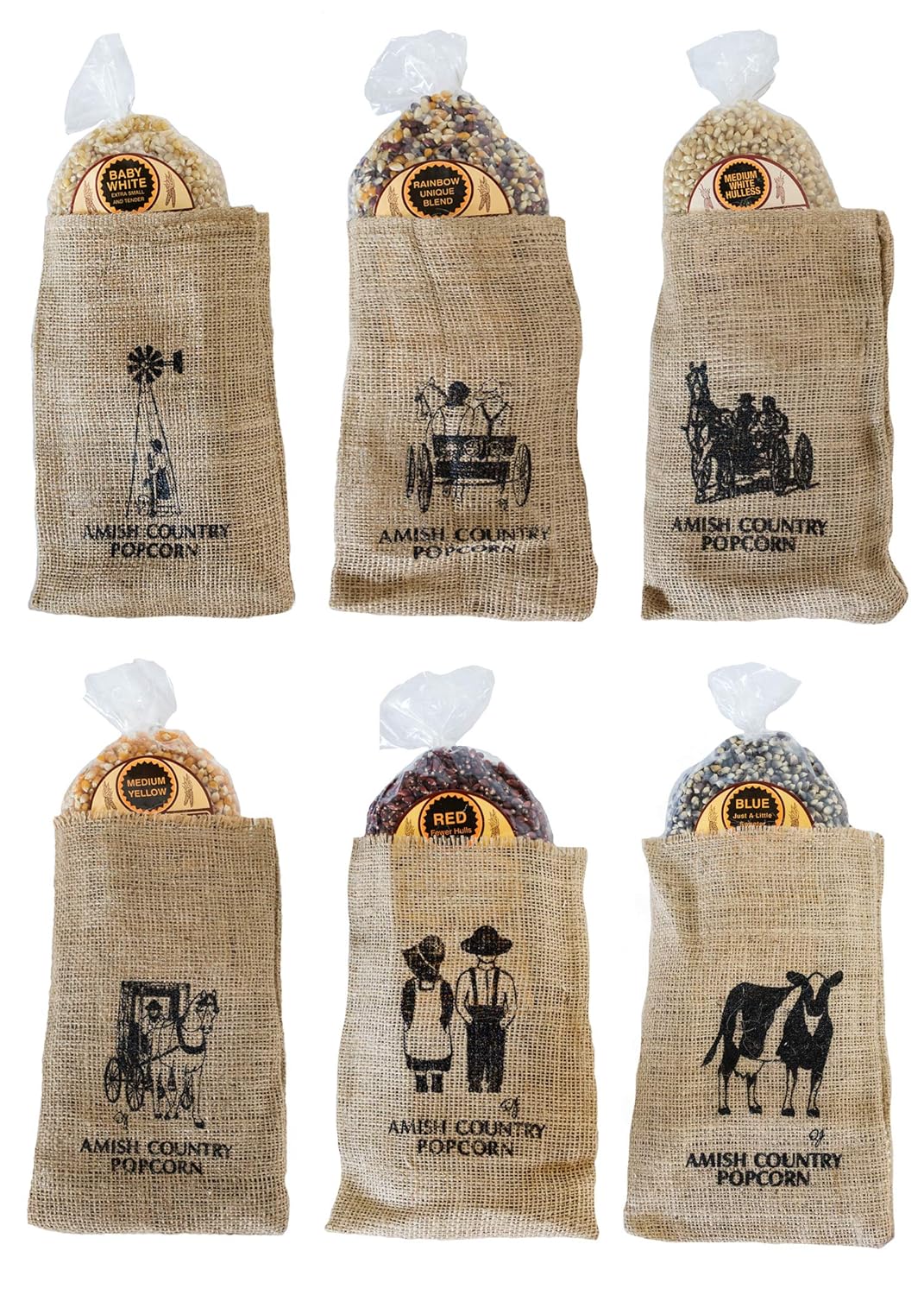Amish Country Popcorn | 6-2 lb Bags | 12 lb Burlap Variety Set | Blue - Medium White - Medium Yellow - Baby White - Rainbow - Red Popcorn Kernels | (Burlap Variety Set - 6-2 lb Bags)