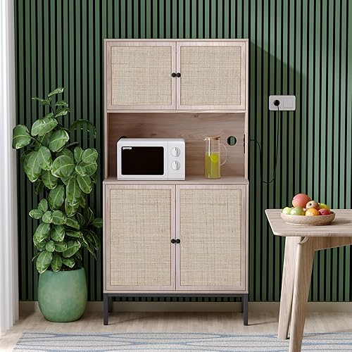 Yechen Storage Cabinet with Natural Handmade Rattan Wicker Doors, Freestanding Sideboard with Large Countertop, Kitchen Buffet,Oak