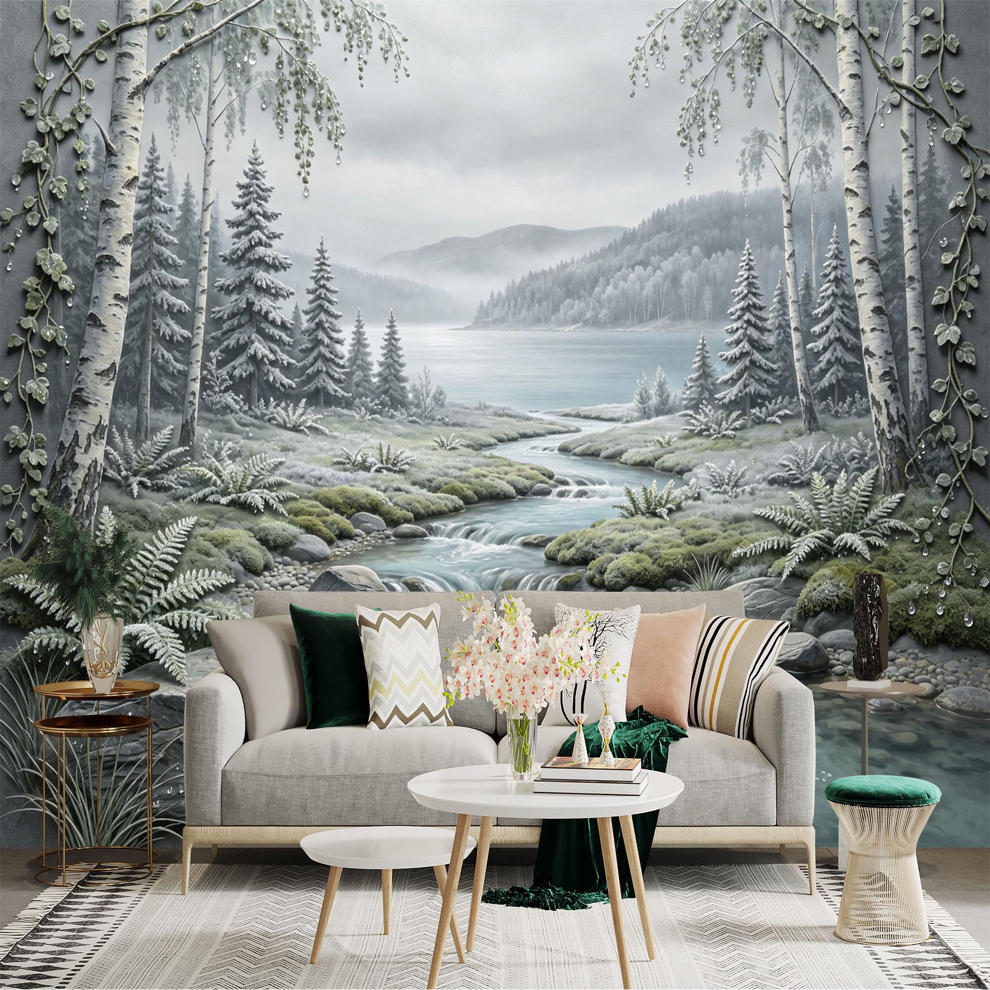 Custom Size Wall Sticker Mural， Misty Forest with River， Birch Trees and Mountain Scenery， for wall Decoration， peelandstick wall Decals.