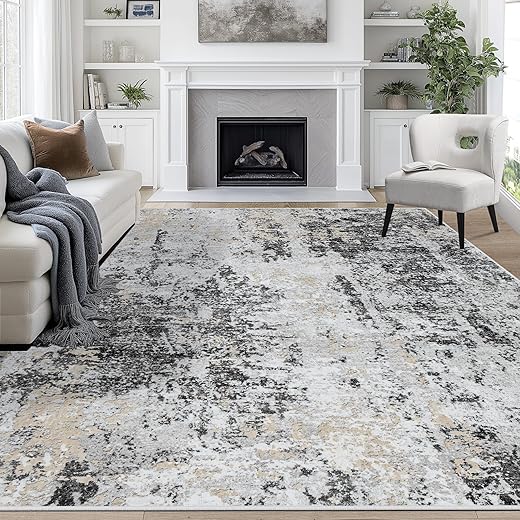 8x10 Area Rugs for Living Room Rug Washable: Abstract Large Rug for Dining Room Bedroom Carpet Non Slip 8 by 10 Indoor Modern Nursery Home Office Black Grey Gold