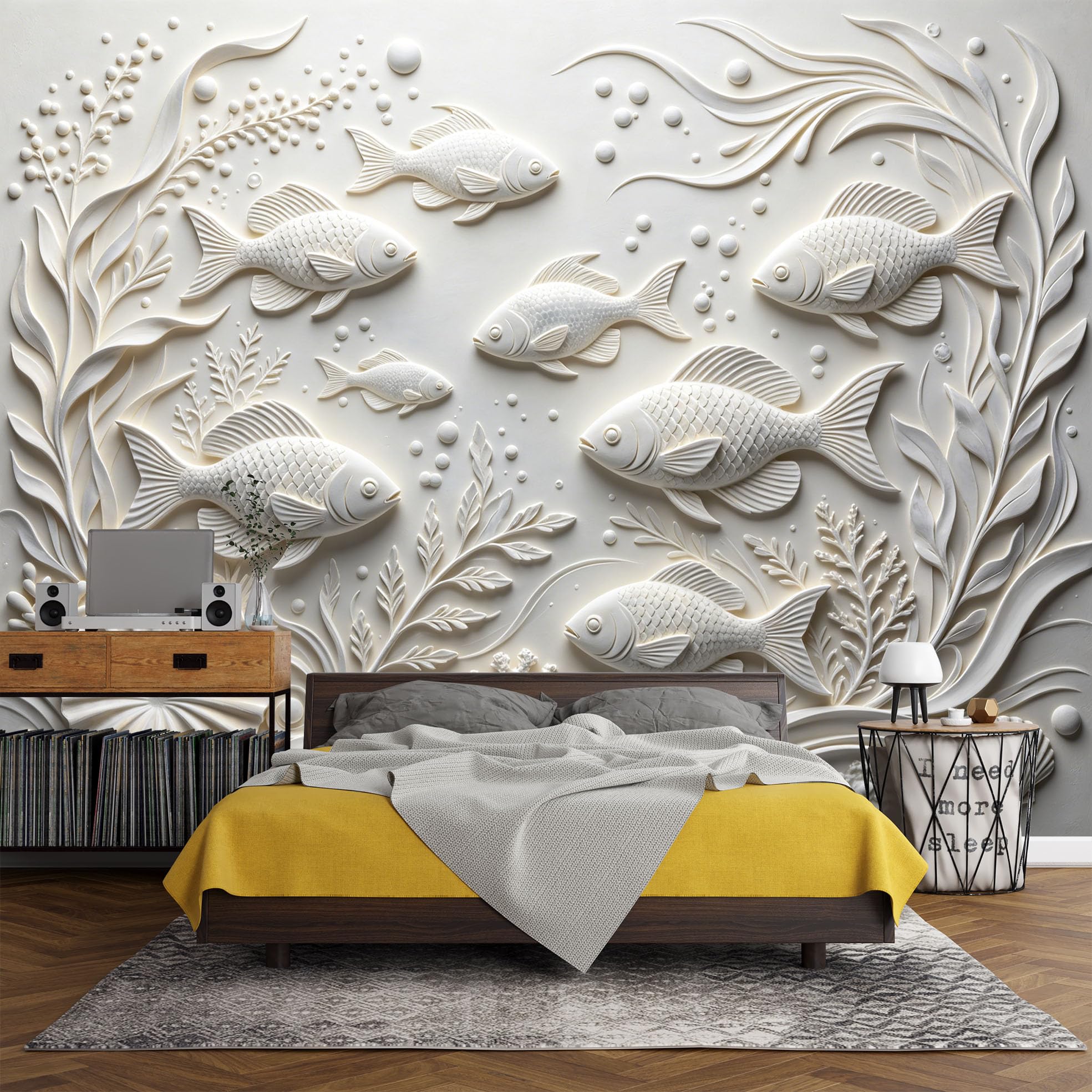 Papel Pintado Con Relieve 3D Peces De Mar Papel Pintado Autoadhesivo Pared 320Cmx600Cm(Hxw), Mural De Pared Con Relieve 3D, Papel Adhesivo No Tejido, Impermeable Y Removible Para Dormitorio Y Sala D