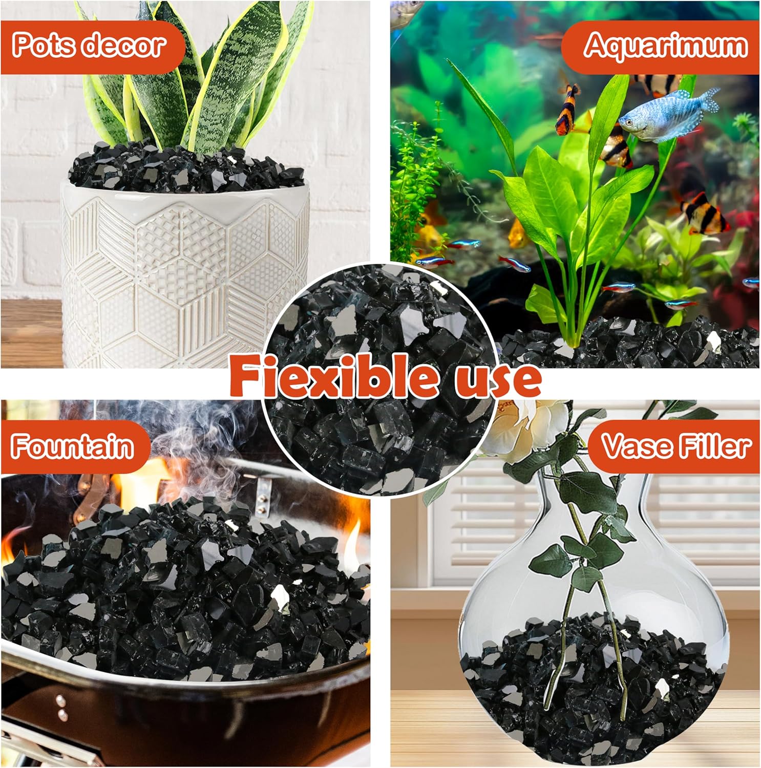 Sunnyglade 10-Pound Fire Glass - 1/2 inch, High Luster Reflective Tempered Glass Rocks for Fireplace, Fireglass for Fireplace Fire Pit (Black, 10 Pounds)