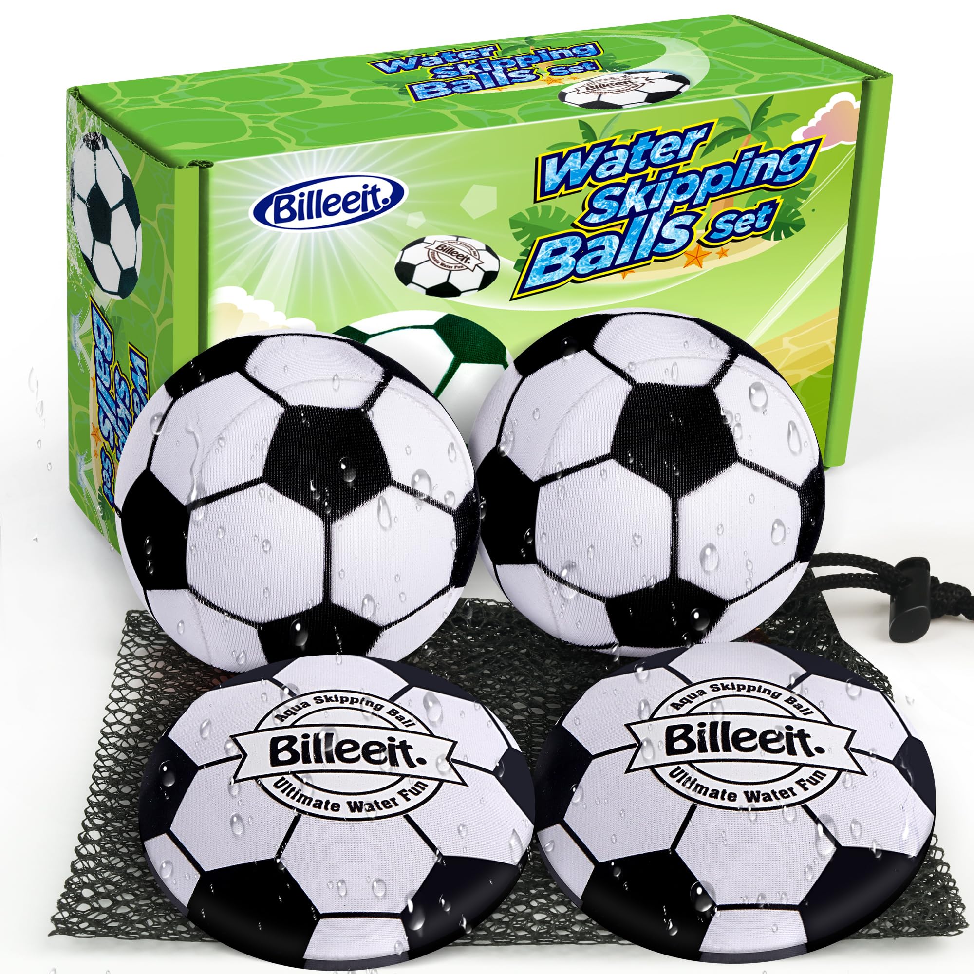 Billeeit 4Pcs Water Skipping Balls for Pool Play(Soccer Theme), Water Pool Beach Swim Toys for Kids Ages 4-8, 8-12 and Adults, Include 2 Balls and 2 Discs