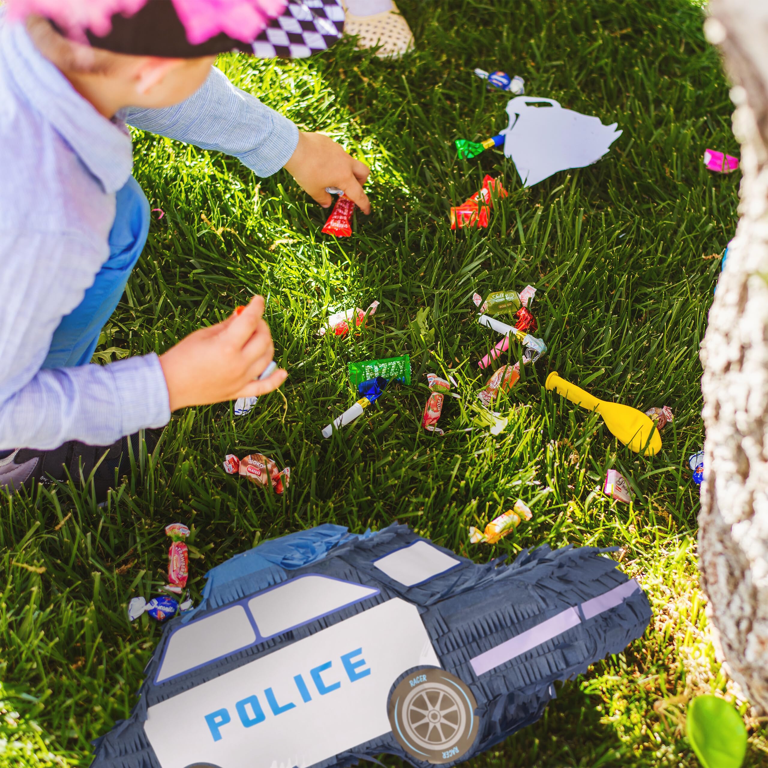 Relaxdays Pignatta Polizia, Bastone e Maschera, Piñata Vuota, Gioco Festa Compleanno Bambini, 22x50x16 cm, Multicolore