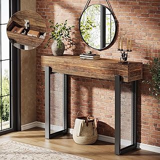 Tribesigns 41" Narrow Entryway Table, Wooden Console Table with with Storage, Industrial Small Sofa Table with Mesh Metal Legs for Foyer, Hallway, Entryway, Living Room, Rustic Brown & Black