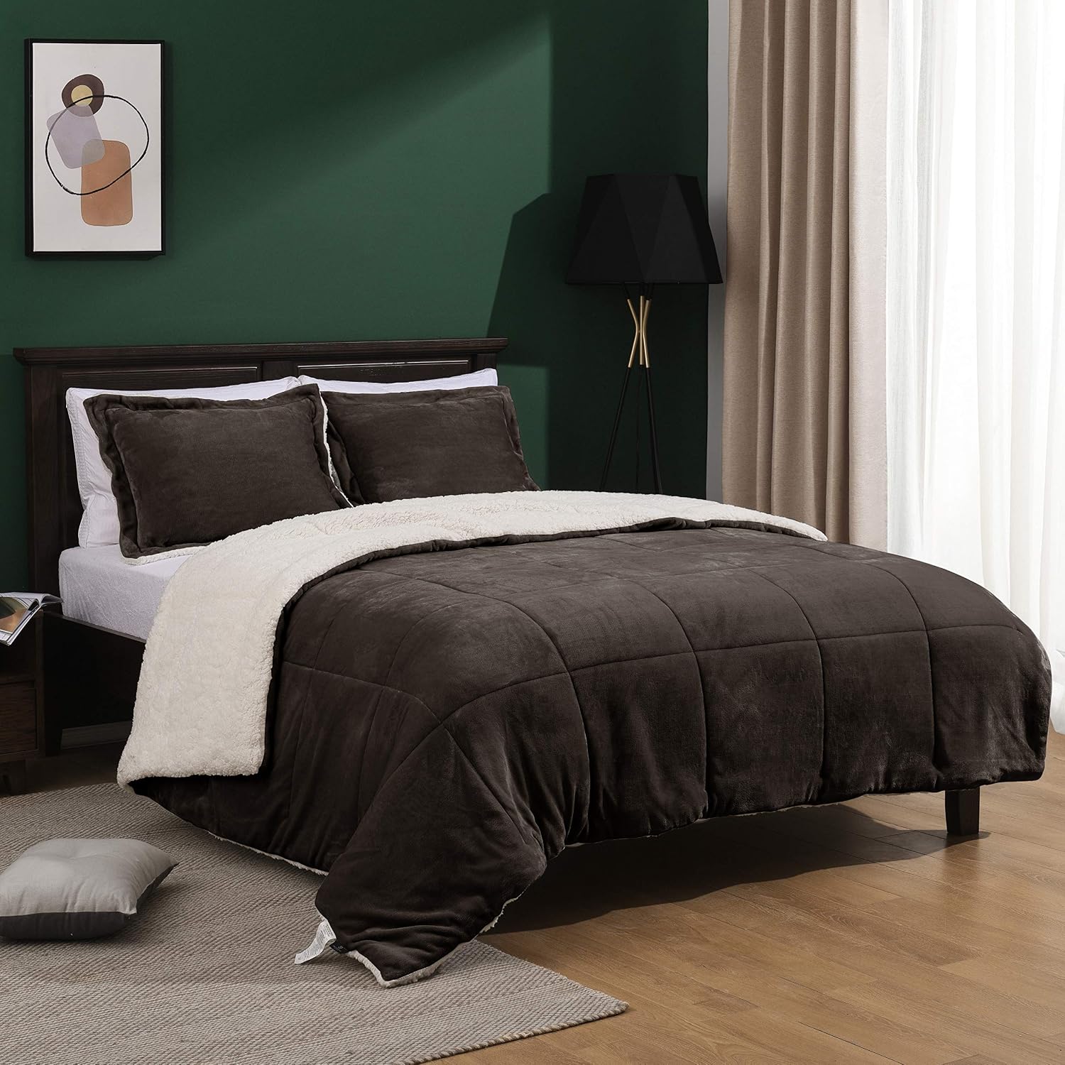 Basic Beyond Twin Comforter Set for Girls and Boys - Micromink Sherpa Fleece Comforter Set Twin Size,Brown Twin Bed Comforter Set for Winter,2-Piece(64"x88")