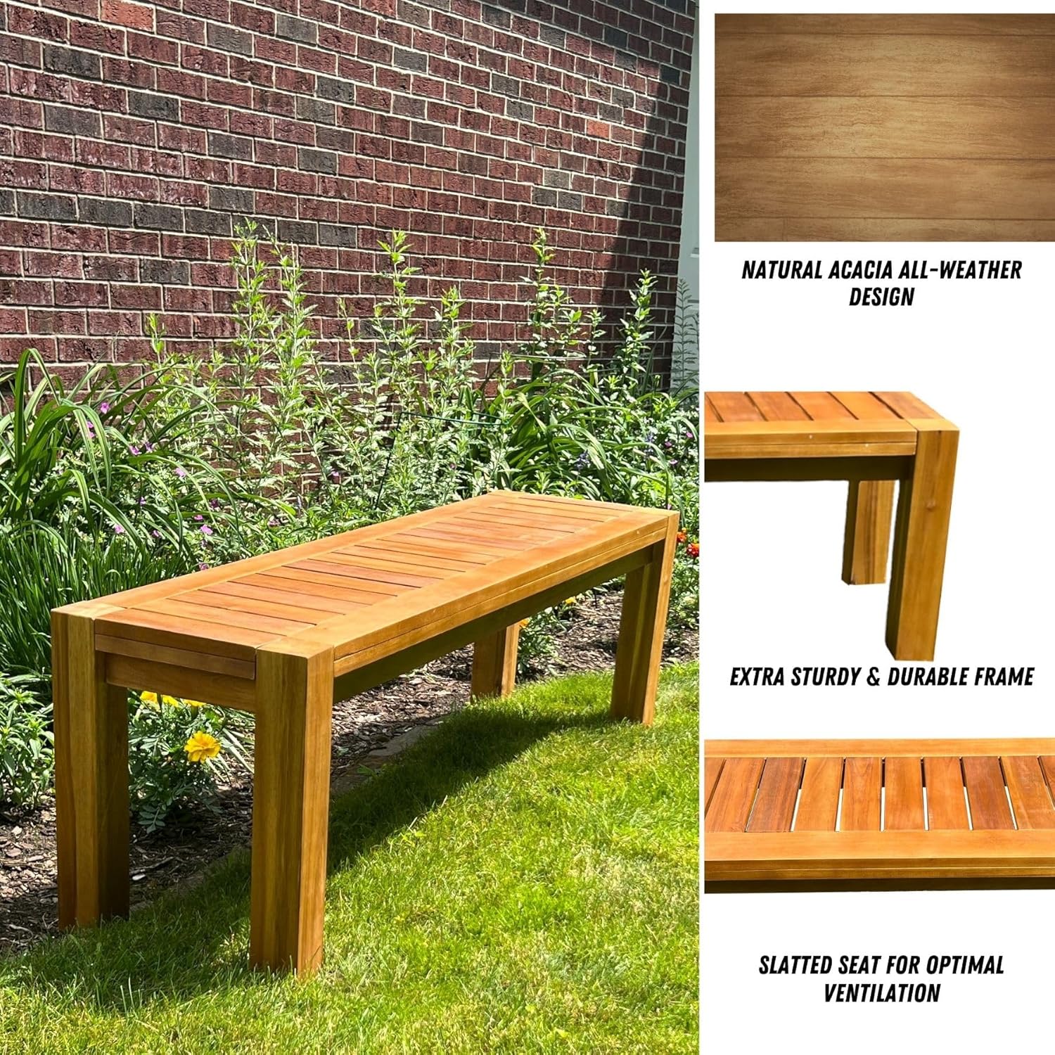 Patio Wise Acacia Wood Traditional Backless Bench, 5-Foot Indoor/Outdoor Wooden Porch, Patio, Garden & Park Seating, 57-Inches Long x 15-Inches Wide x 18-Inches High, Teak Color