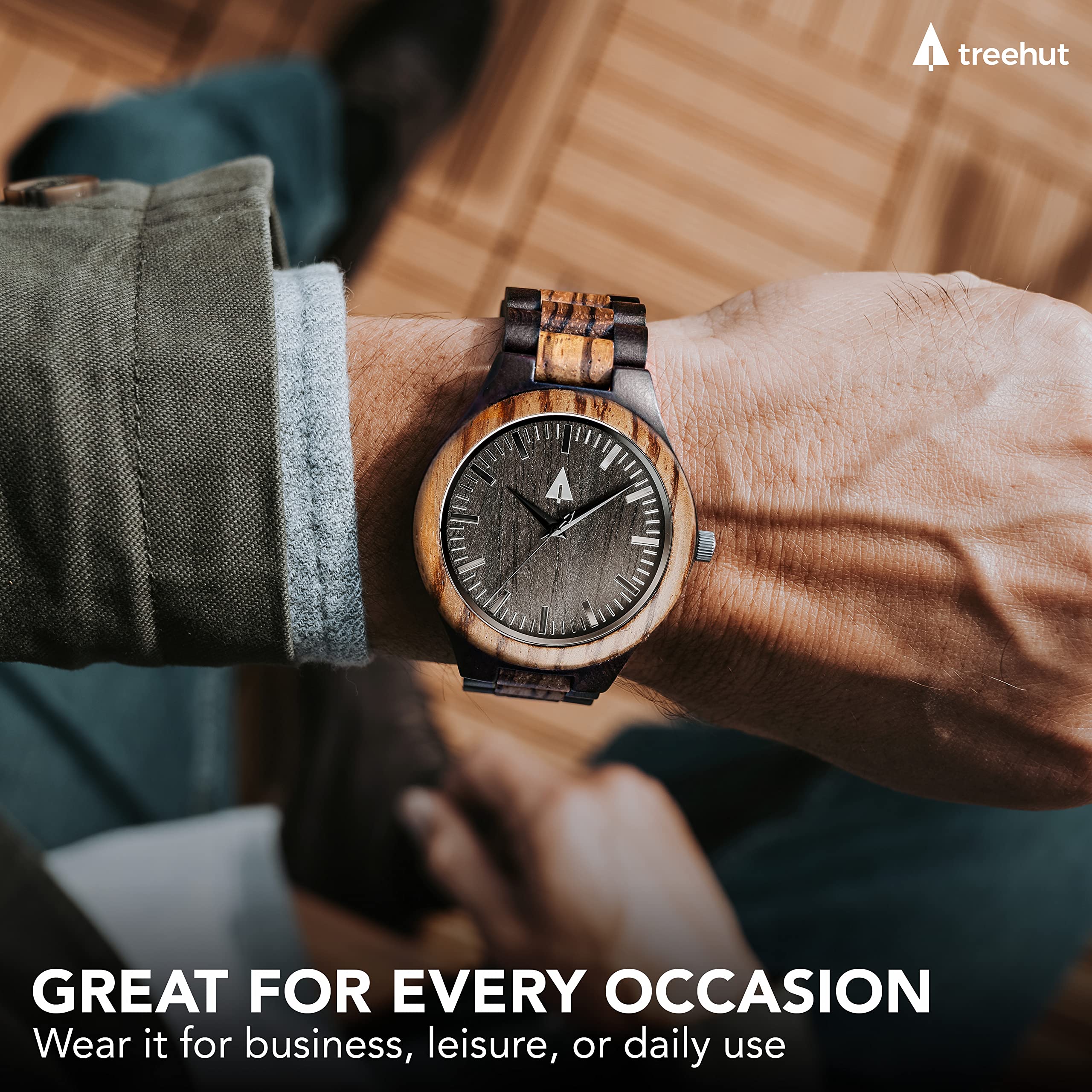 Treehut Wooden Watches for Men, Great Japanese Quartz Analog, Stylish Exotic Watch with Adjustable Stainless Steel Clasp, Buckle, Made from Ebony and Walnut Wood, Relojes Hombre Mujeres