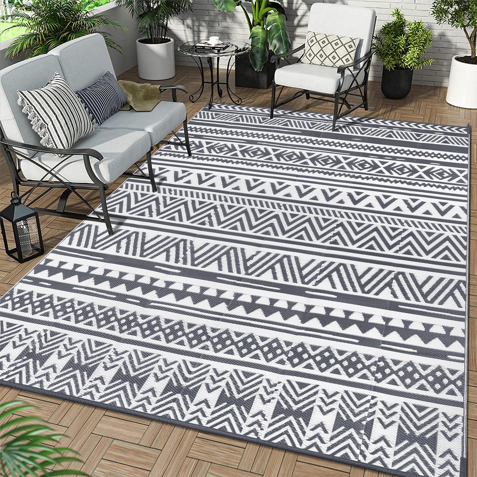 Enyhom Indoor Outdoor Rug Reversible, Plastic Waterproof Patio Mat UV Resistant, Large Garden Rugs for Outside Backyard, RV, Camping, Deck, Picnic, Beach, Trailer, Hiking (Grey, 180 x 270 cm)