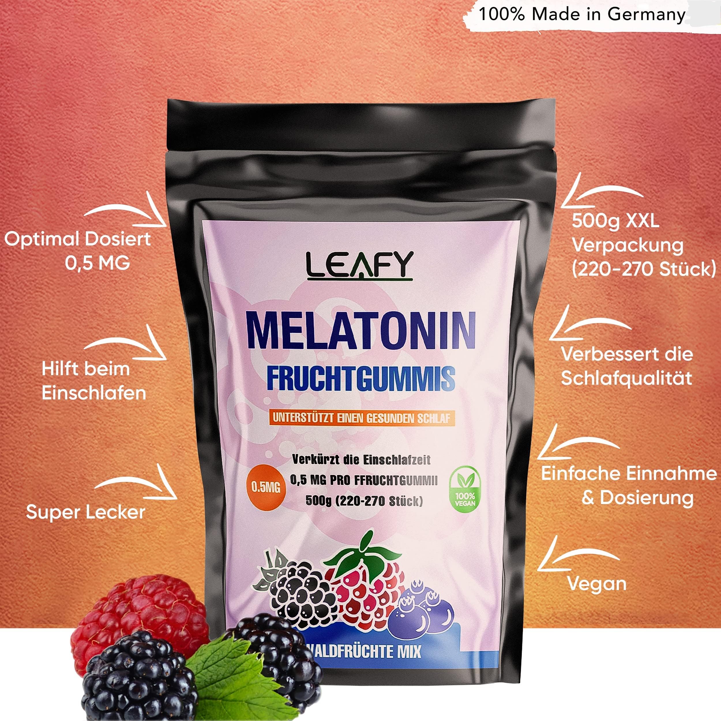 Melatonin Fruchtgummis | Hochdosiert| XXL Packung 220-270 Stk. 500g | Leckerer Waldfrüchtemx -Made in Germany