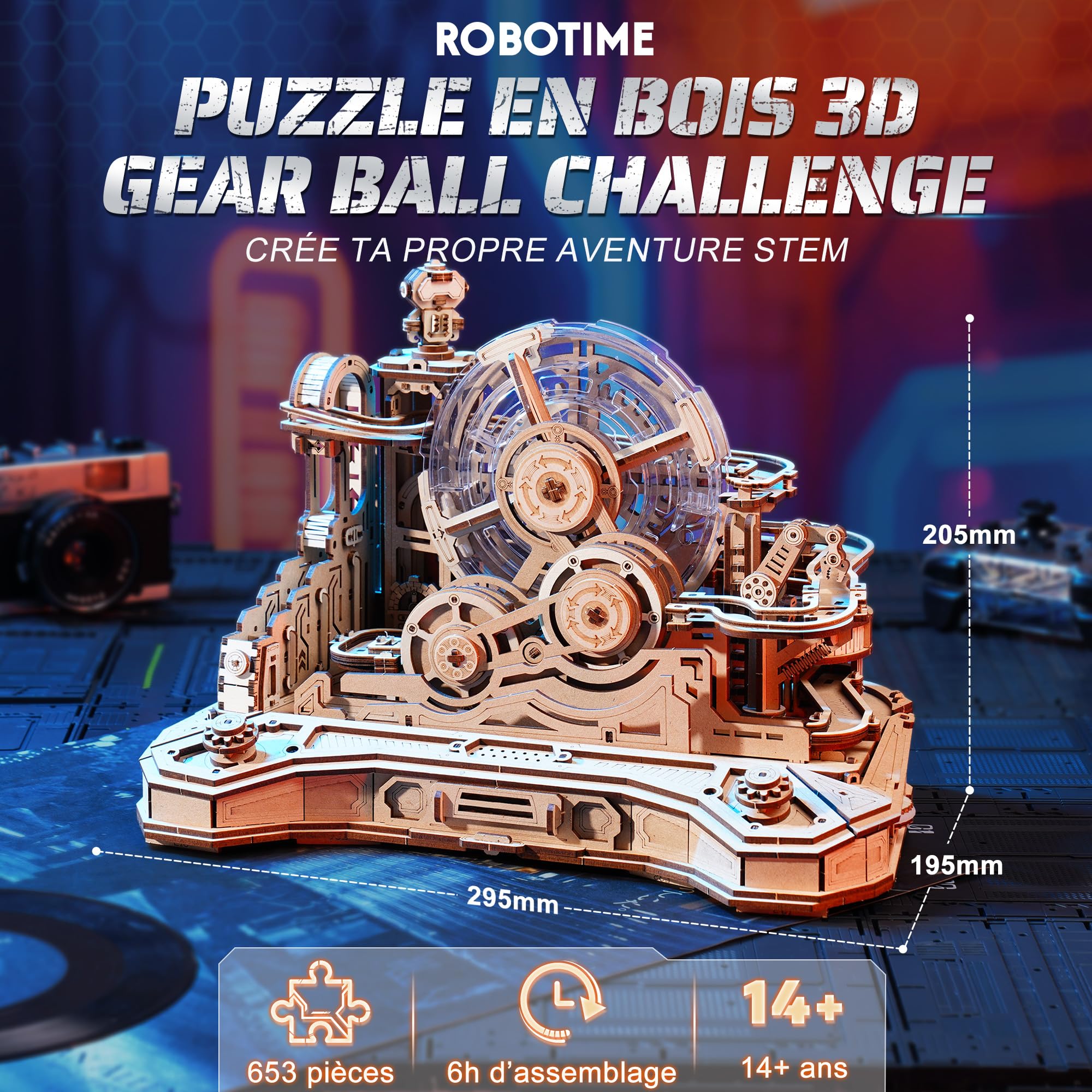 ROBOTIME Puzzle 3D en Bois Gear Ball Challenge – Kit Labyrinthe Mécanique 653 pièces, STEM Adultes Ados, Design Manette de Jeu EGC01