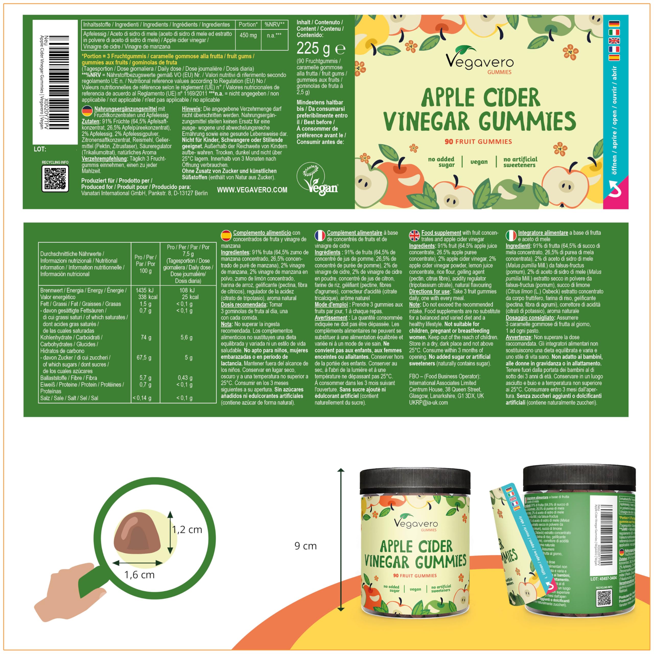 Vegavero Gominolas Vinagre de Sidra de Manzana 450mg Keto ACV Gummies Sin Azúcar Vegano