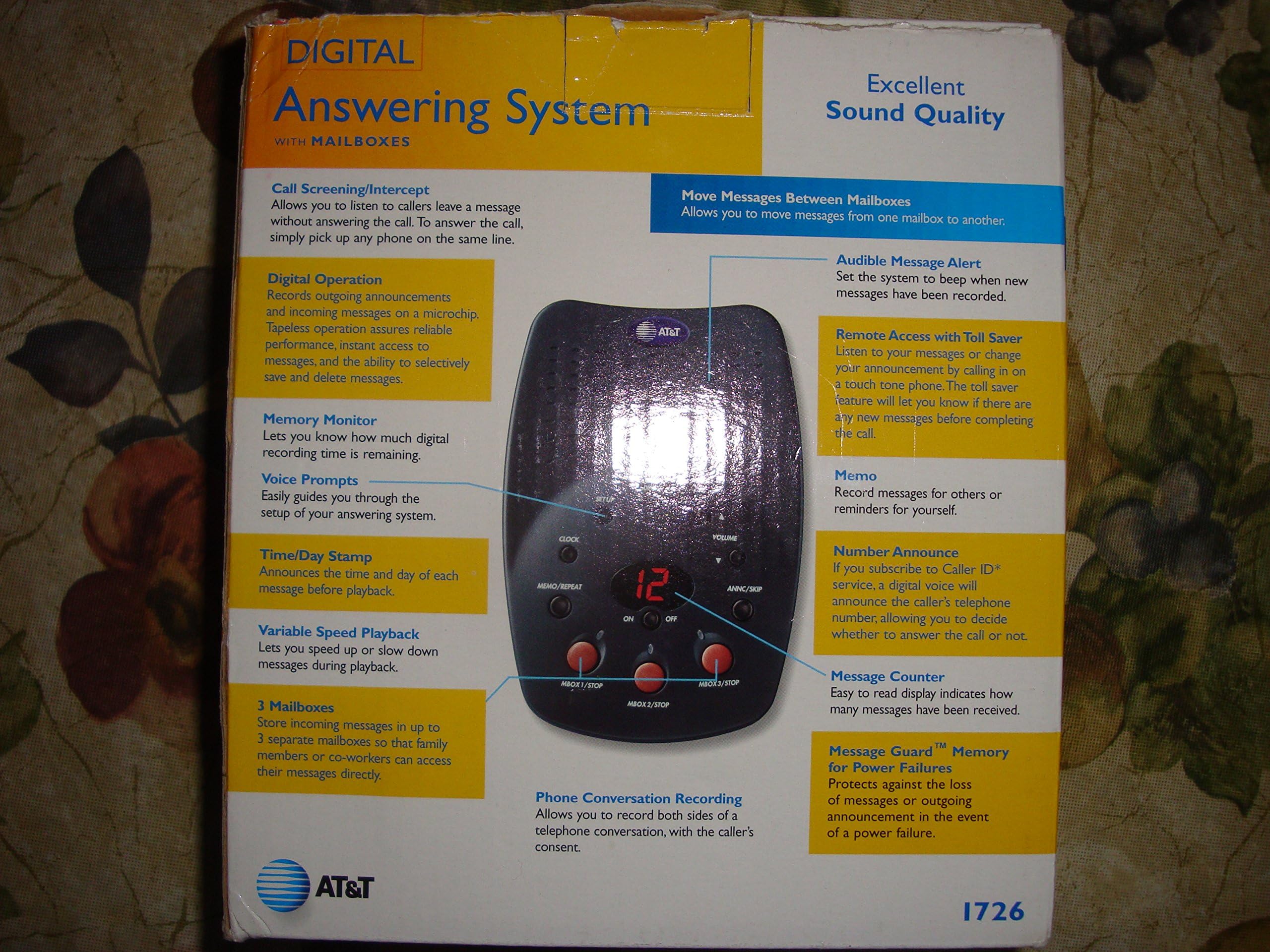 AT&T 1726 Digital Answering System with 3 Mailboxes