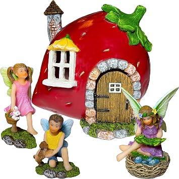 Mood Lab Fairy Garden Figurines - Strawberry House Set 4 pcs - Miniature Decorative Statues & Accessories - Outdoor & Indoor Garden Decor