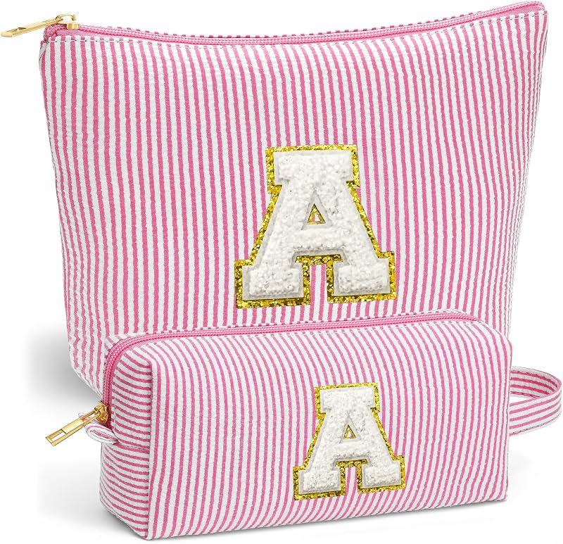 Necessaire de maquiagem para viagem Fohufo com zíper, conjunto com 2, Rosa, inicial A