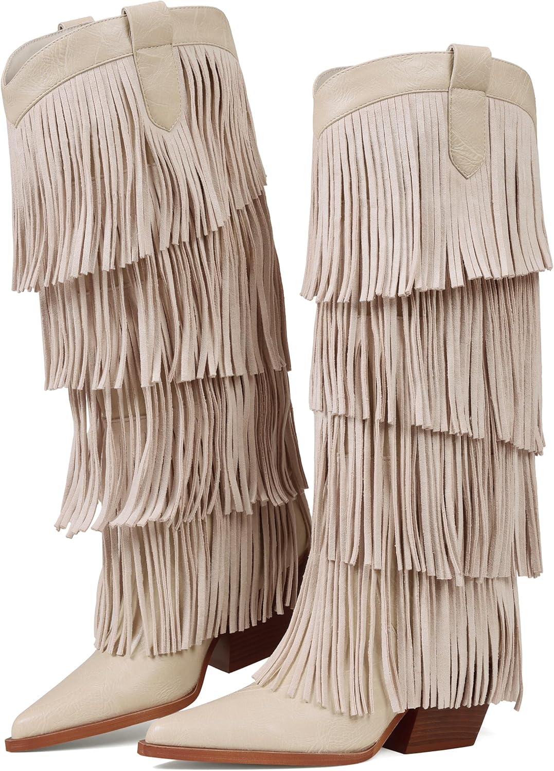 Womens Fringe Boots Knee High Cowboy Boots Chunky Heel Western Pointed Toe Slip on Wide Calf Cowgirl Boot Fashion Heeled Shoes - Image 6