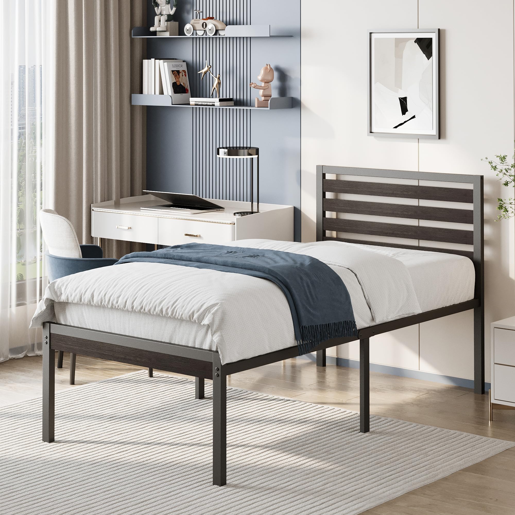 Yicensen 18 Inch Metal Twin Bed Frames with Black Wooden Headboard, Heavy Duty Tall Twin Platform Bed Frame with Steel Slat Support, Noise Free, No