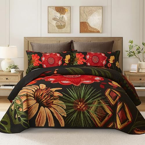 Tyrot 3 Piece Black Red Boho Floral Quilt Sets King