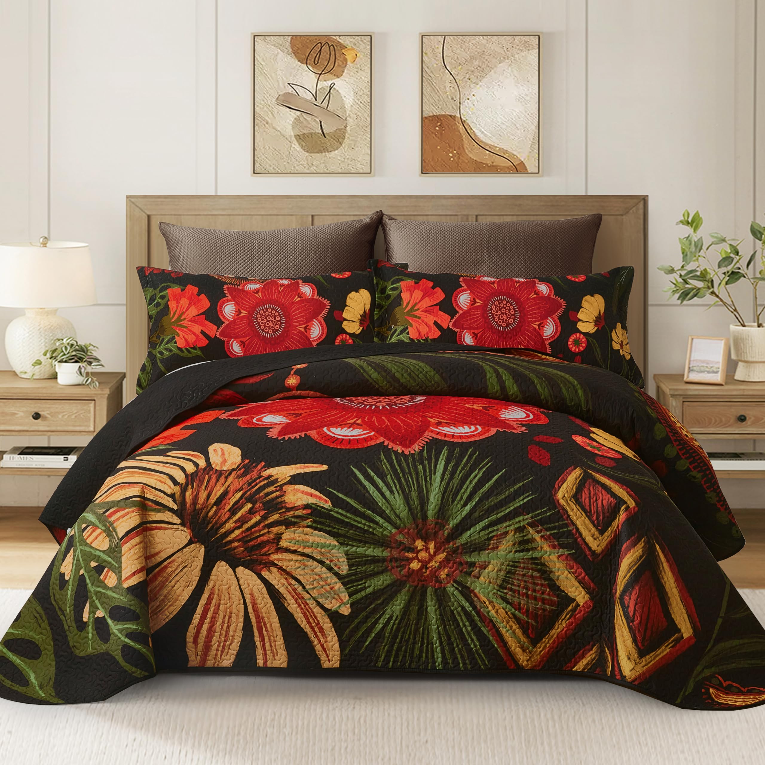Photo 1 of Tyrot 3 Piece Black Red Boho Floral Quilt Sets Full/Queen Farmhouse Reversible Lightweight Bedspread Coverlet with 2 Shams Vintage Mid Century Microfiber Bedding Quilts Set for All Season, 90''x96''