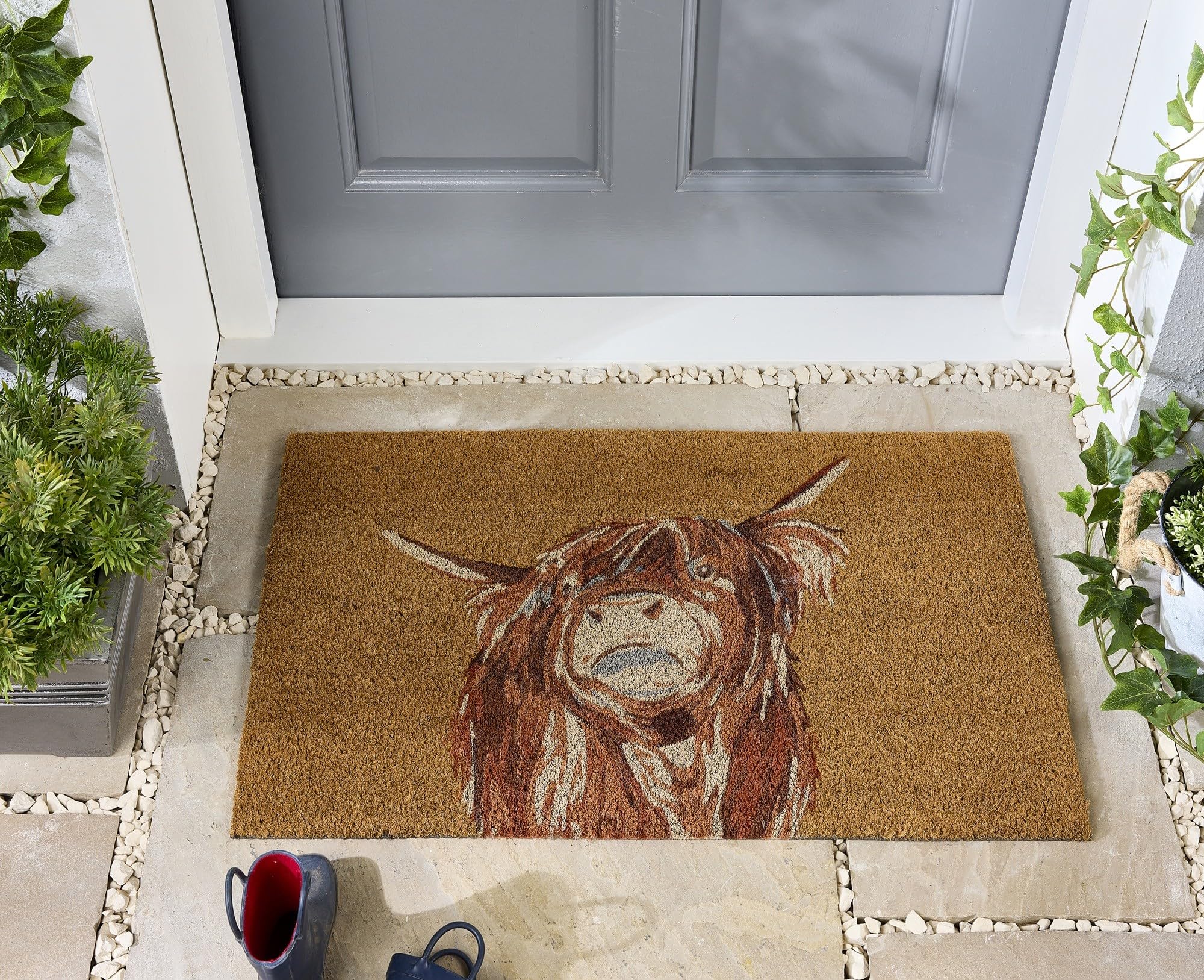 Coir Door Mat for Doorway, Home Entry, Balcony, Garden, Dirt Trapper Entrance Indoor Outdoor Non-Slip Absorbent Welcome Mat Natural Doormat in 45 x 75 cm (Highland Cow)