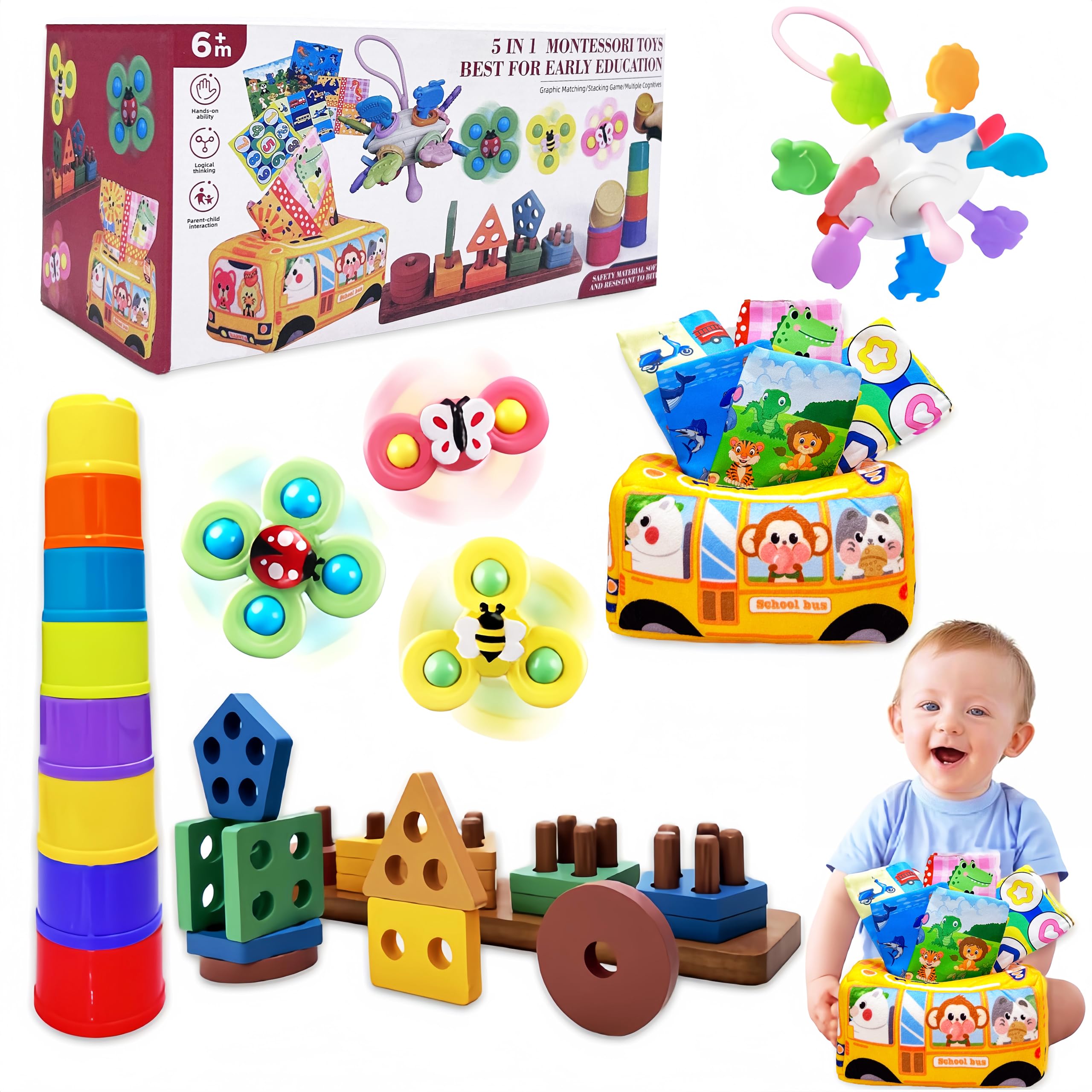 Gdbykds Baby Toys 6 to 12 Months, Montessori Sensory Toys for Toddlers 6-12 Months with Suction Spinners/Stacking Cups/Wooden Shape Sorter Stacking Toys/Tissue Box/Grabbing Ball, for Toddler Gift