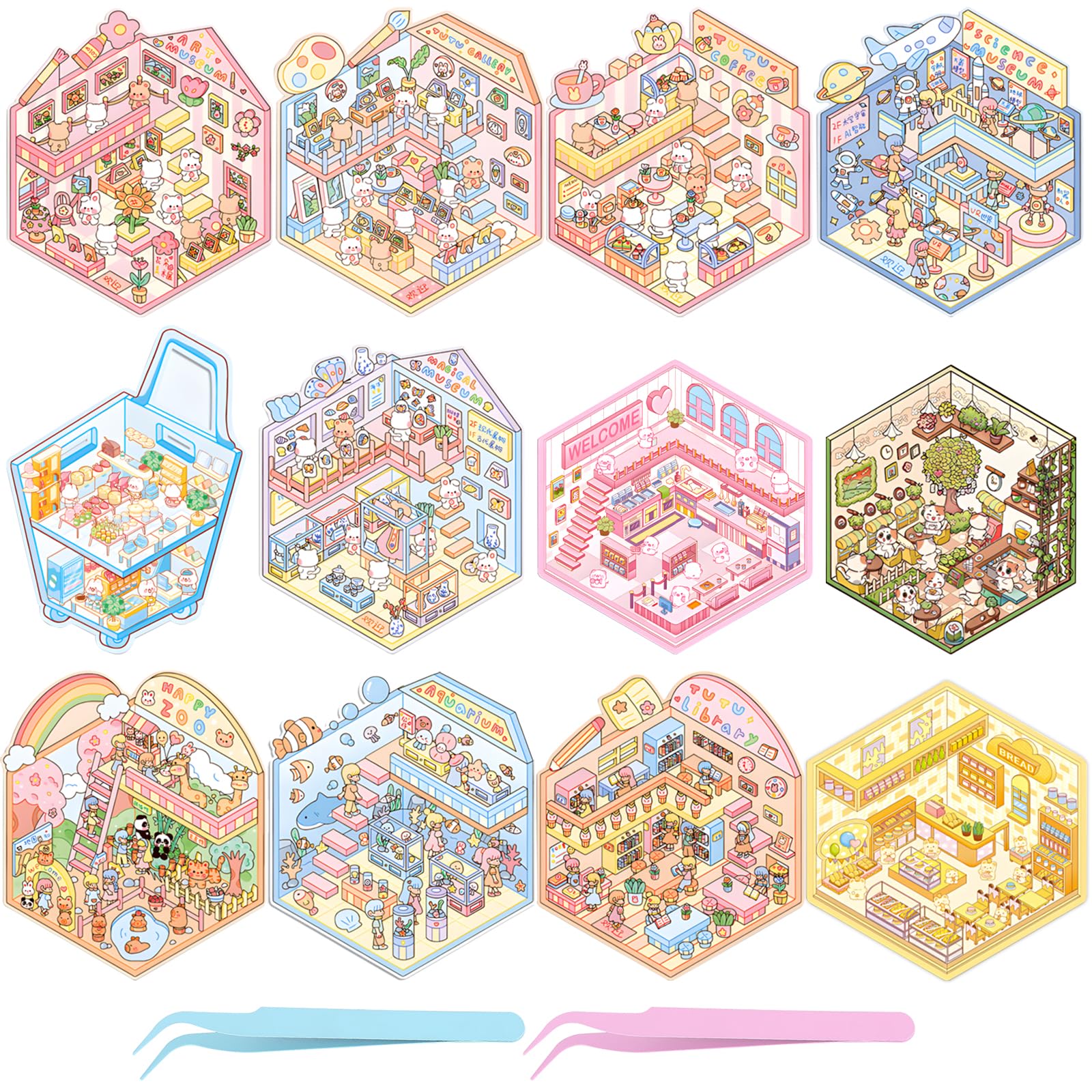 UBERMing 12 Sets DIY 3D House Scene Stickers with 2 Tweezers, Miniature Scenes Therapy Stress Relief Stickers for Adults Teens Kids, Miniature Room Sticker Fun Scene Make Your Own Museum Zoo Gallery