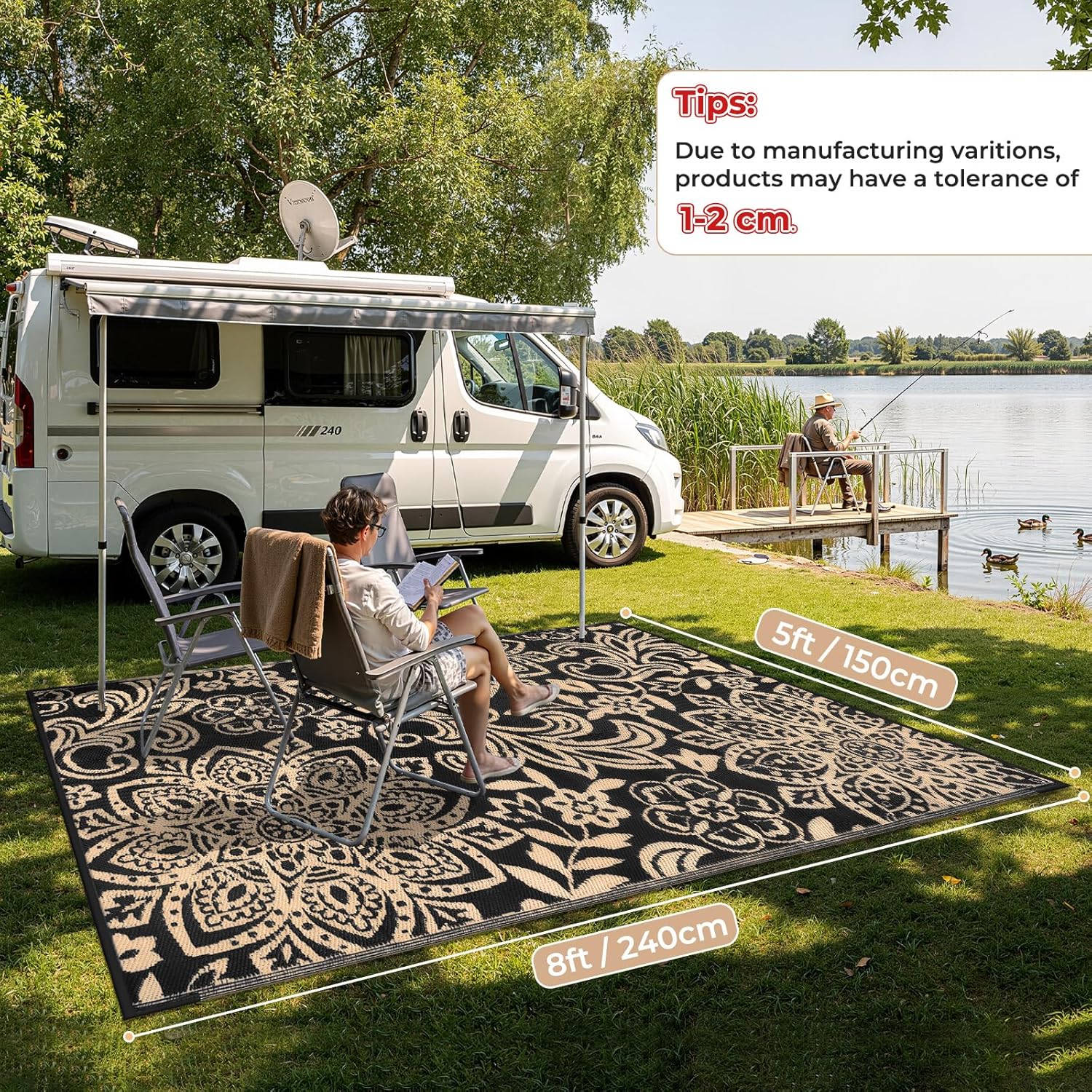 Findosom Waterproof Outdoor Rug 5' x 8' - Reversible Mandala Outdoor Plastic Straw Rug, Durable Foldable Patio Rug for RV, Deck, Balcony, Backyard, Picnic, Porch, Camping, Beach, Black