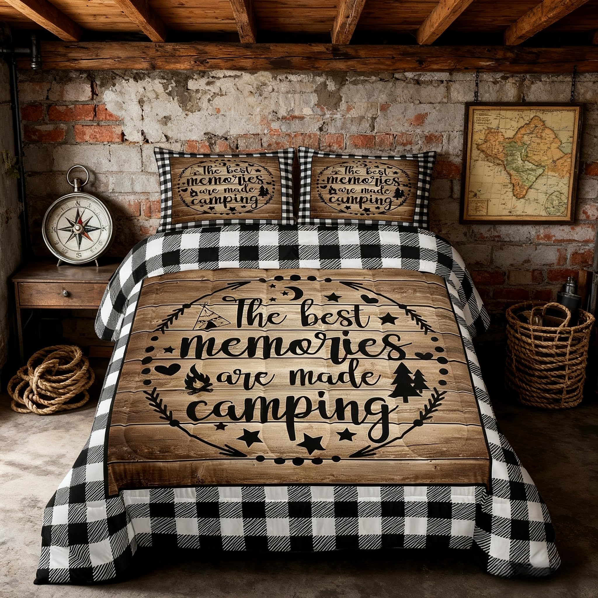 Happy Camping Comforter Set King Size,Camper RV Trailer Decor Bedding Set 3pcs for Kids Boys Girls Adults,Rustic Wooden Plank Geometric Grids Down