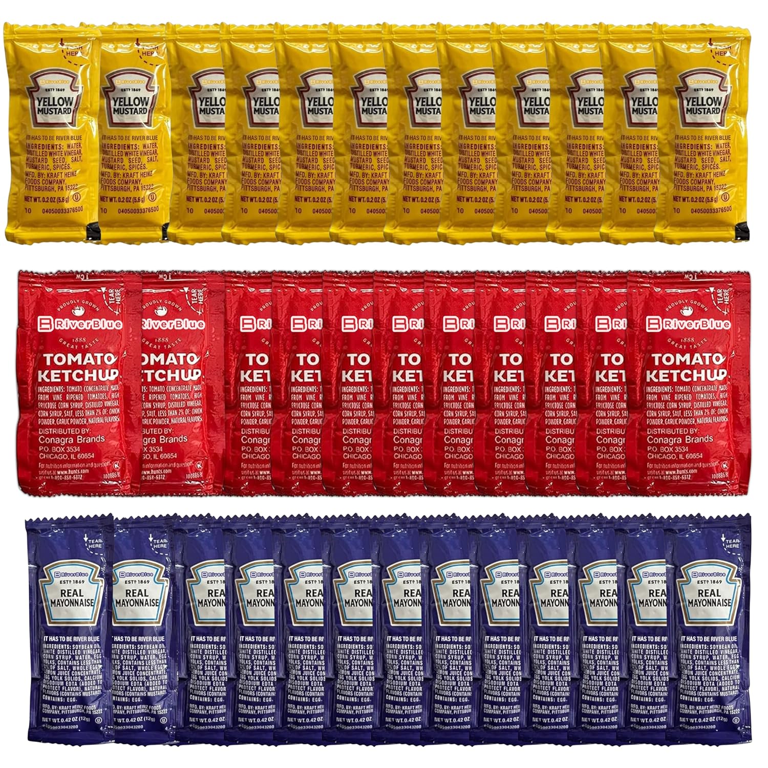 Premium Condiment Variety Pack 150 Gourmet Packets of Ketchup, Mustard & Mayonnaise Ideal for Gift Baskets, Travel, Lunches & Food Service