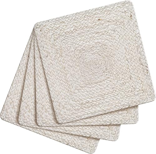 Hausattire Juego de 4 manteles individuales trenzados de yute de 14 x 14 pulgadas, reversibles, tejidos a mano, bohemios, vintage, para mesas de