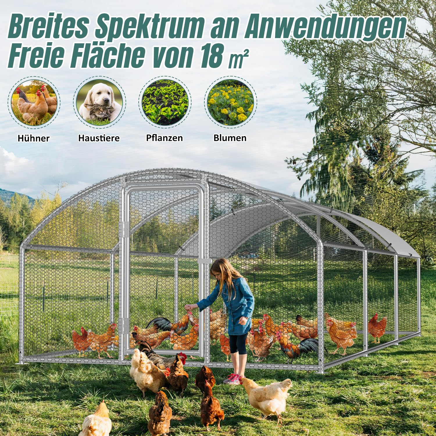 Freilaufgehege Hühnerstall, 3x6x2m Hühnerhaus Kleintierstall mit Sicherheitsschloss und Wasserdichtes Abdeckung, Kuppeldach Freigehege für Hühner,Vogelkäfig, Pflanzen