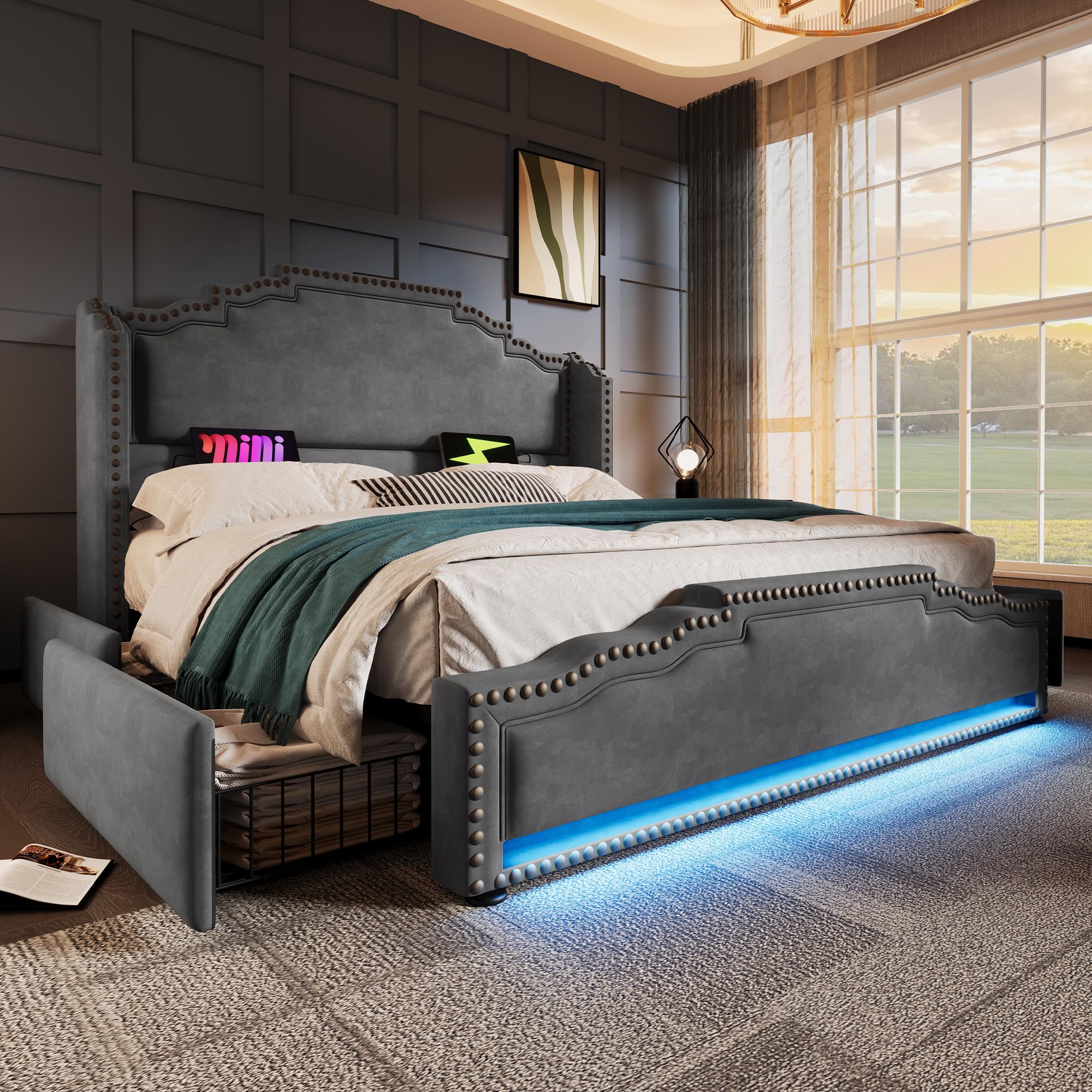 Rtopsu Letto Matrimoniale 180x200 cm con Luce LED e USB-C, Letti Matrimoniali con 4 Contenitore Cassetti e Testata, Letti con Rete a Doghe e Telaio in Metallo, Grigio, Velluto, Senza Materasso