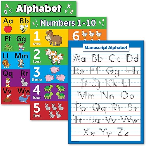 Palace Learning Paquete de 3  alfabeto ABC + números 1  10 + manuscrito escritura a mano  gráficos educativos para niños pequeños (laminado, 18 x 24