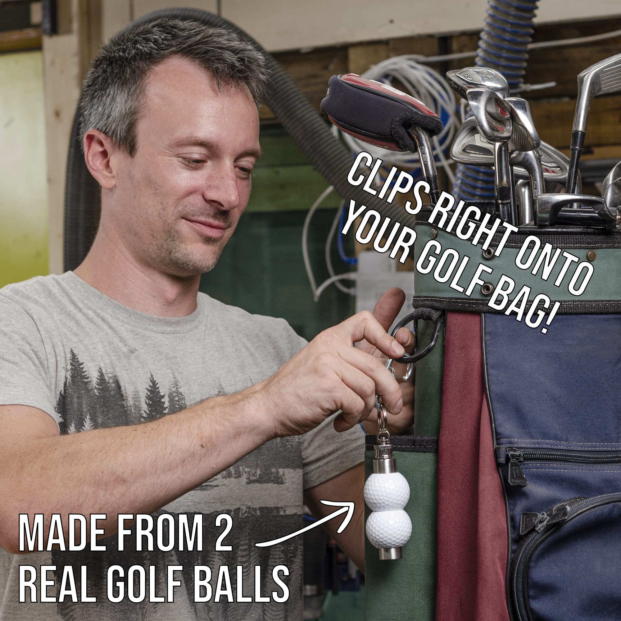 Golf Flask made from real Golf Balls, Keychain & Carabiner to attach to Golf Bag Accessories, Best Golf Gifts for Men Unique, Must Have Golf Accessories for Men Funny, Golf Tournament Prizes
