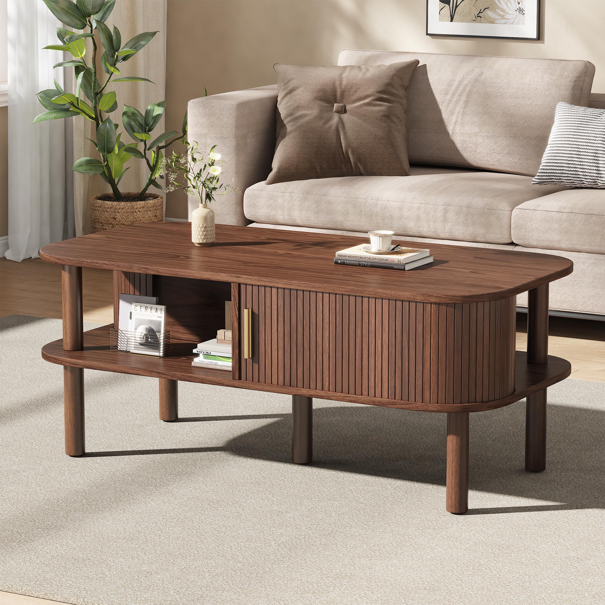 Couchtisch mit Schiebetür 110x55 cm Walnuss | Couchtisch mit Schiebetür, MDF-Holzfurnier, Wohnzimmer Sofaecke, Familienhaushalte
