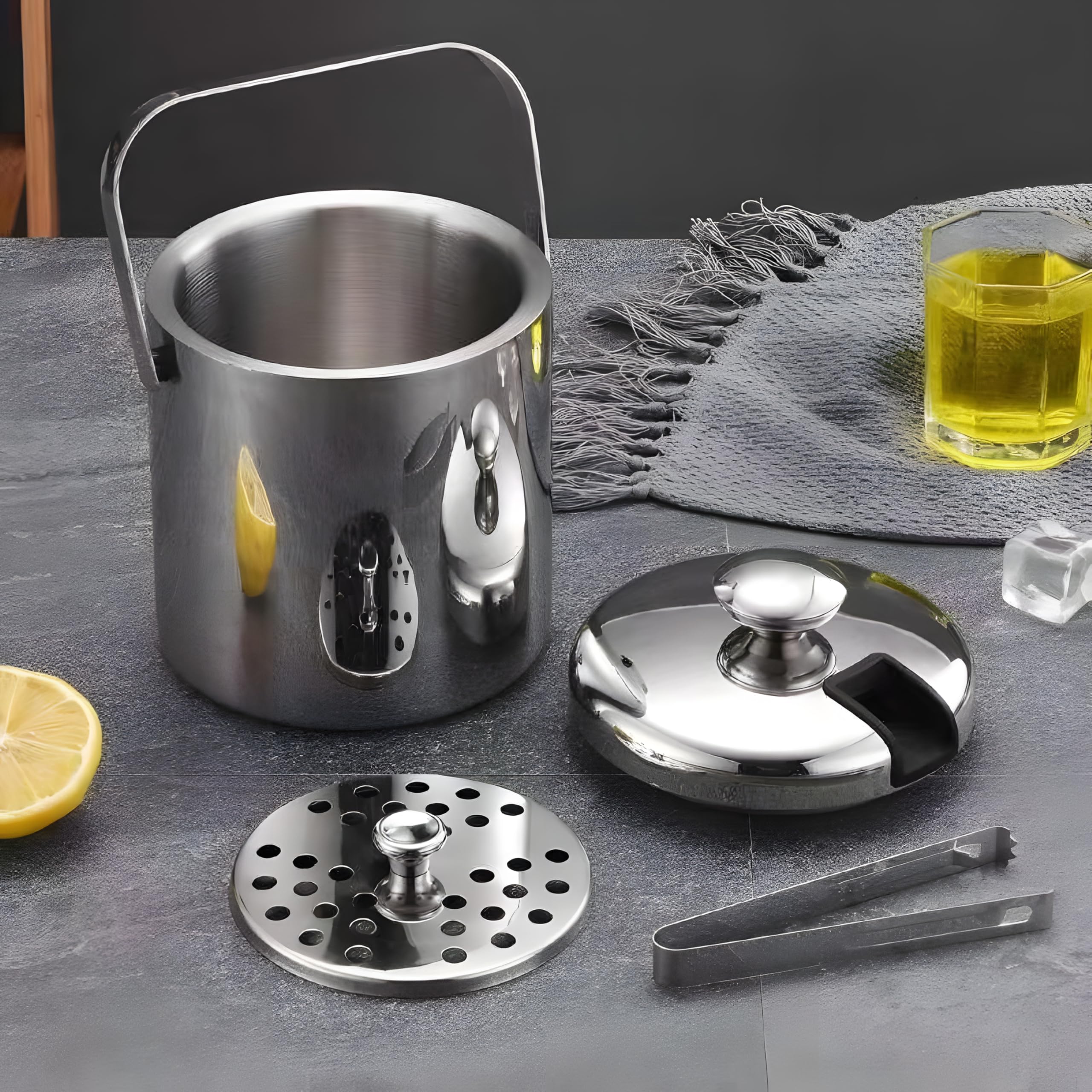 Retoo Secchiello ghiaccio con coperchio e pinza, contenitore per cubetti di ghiaccio, a doppia parete, in acciaio inox, 1,3 litri, per cubetti di ghiaccio, spumante con manico, 20 x 14,5 cm