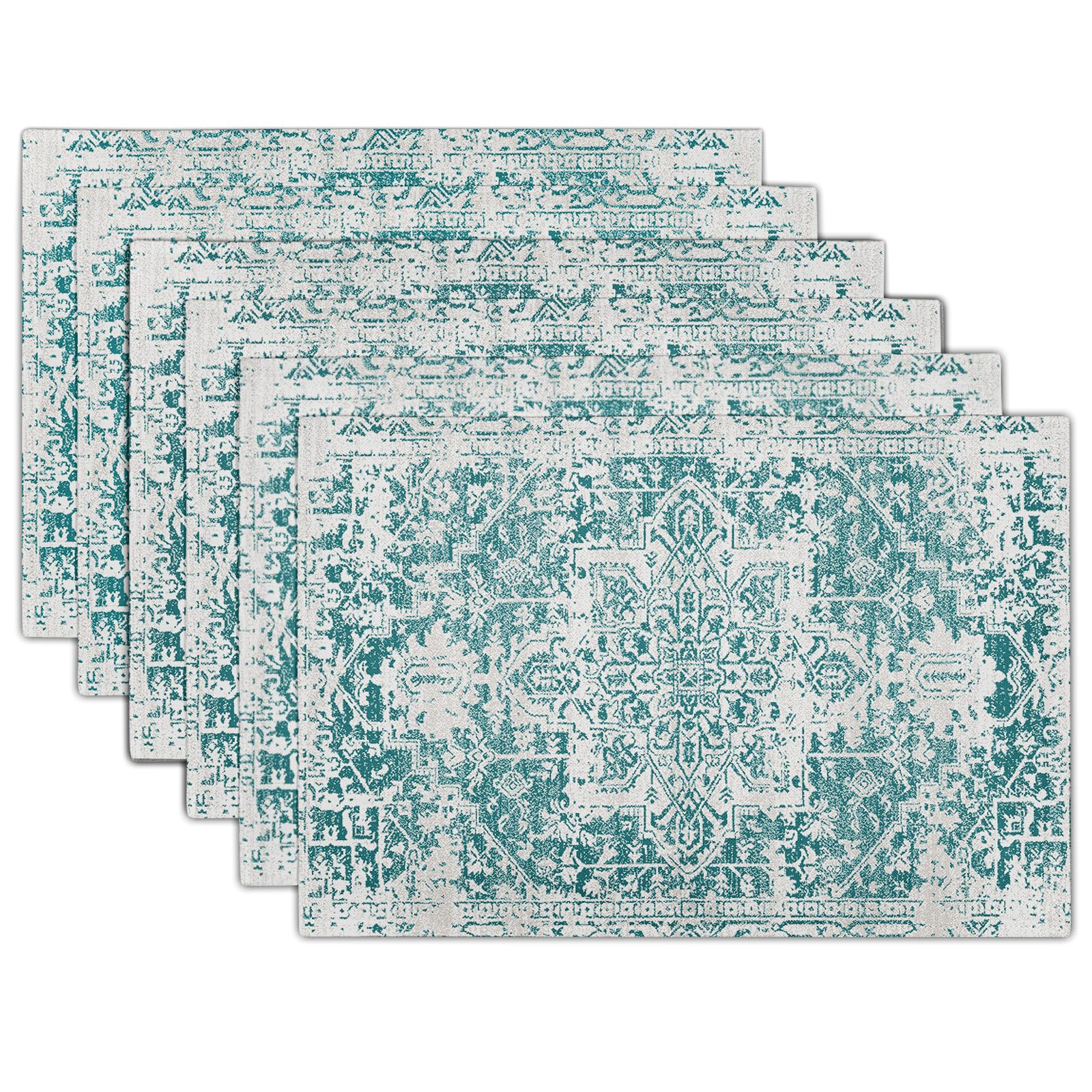 Gray Teal Boho Placemats Set of 6 Ethnic Bohemian Carpet Place Mats Washable Kitchen Dining Vintage Grey Geography Floral Linen Table Mats Stain Heat-Resistant Cloth Tabel for Home Party 12x18 in