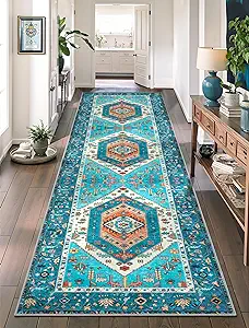 SERISSA Boho Washable Runner Rug, 2'6"x8' Rug Runner Non-Slip Vintage Blue Hallway Kitchen Runner Rug Ultra Soft Print Distressed Tribal Floor Carpet Runner for Bedroom Bathroom Laundry Room