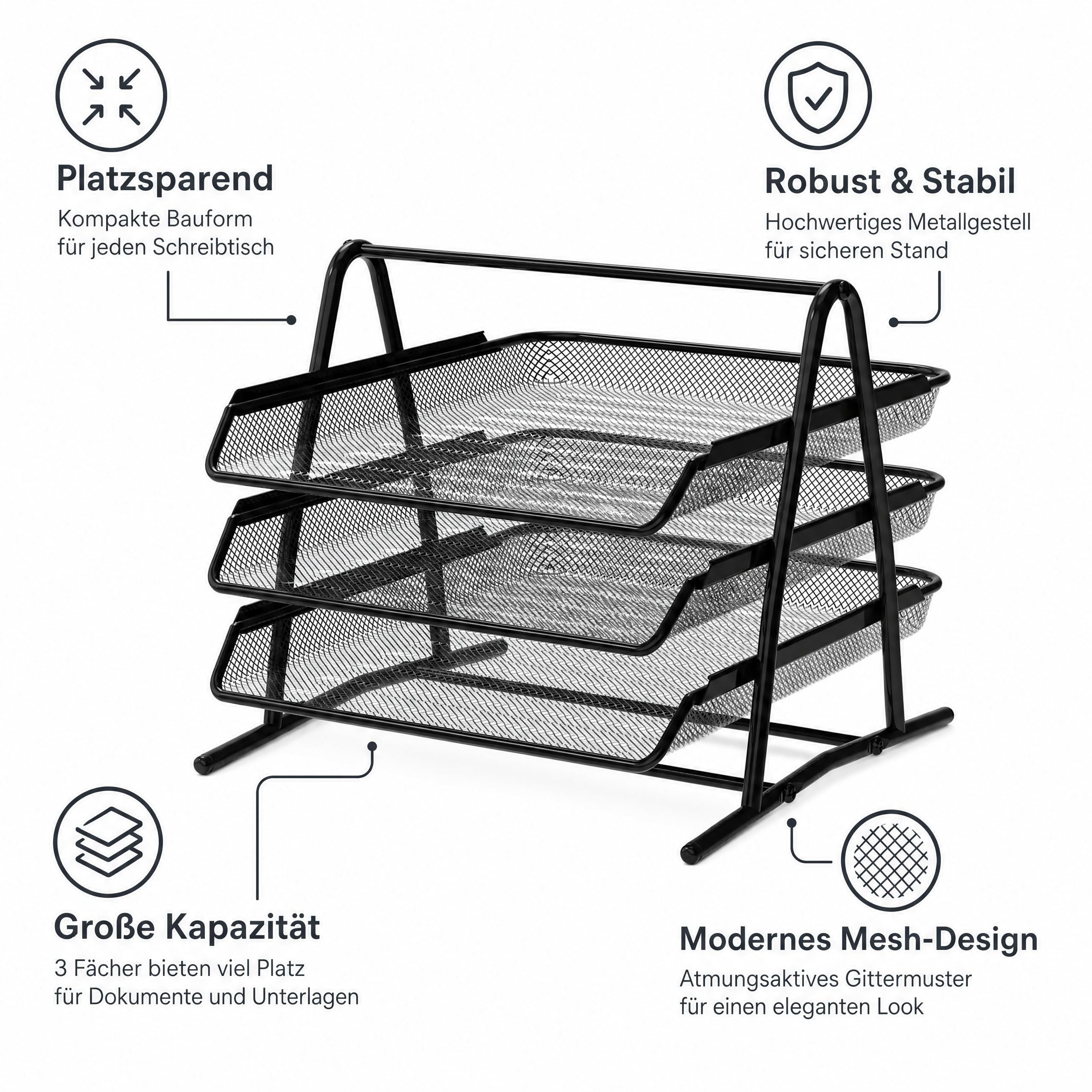 Conipa 2 Dokumentenablagen aus Metall Schwarz – je 3 Fächer Mesh Briefablage für A4 Dokumente – Schreibtisch Organizer & Papierablage für Büro, Home Office & Schule