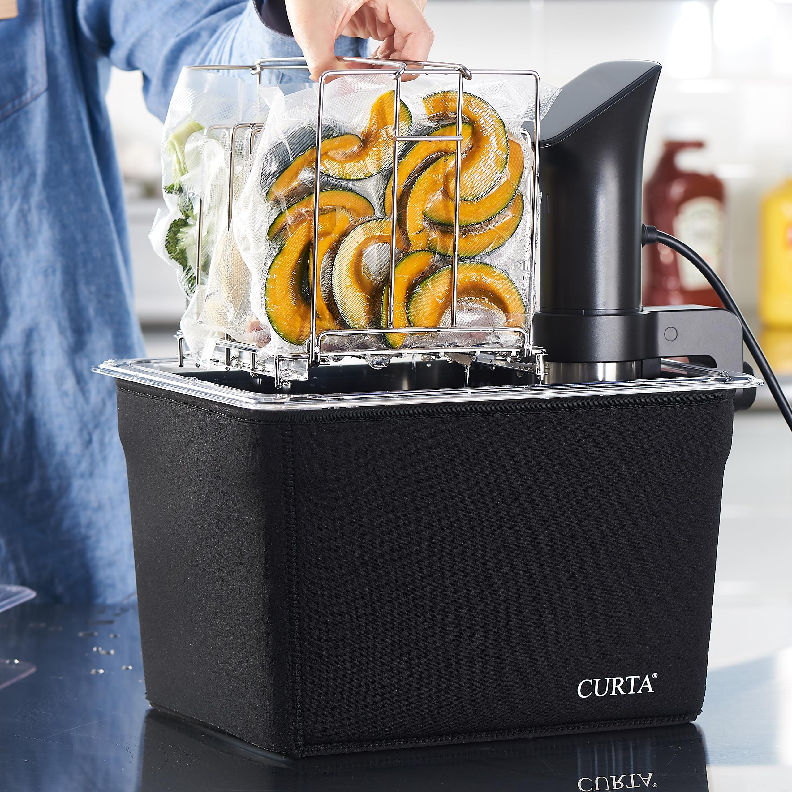 CURTA 12 Qt Sous-Vide-Behälter-Set mit eingekerbtem Deckel, Trennwand und Isolierhülse, 1,27 cm tiefes Polycarbonat-Wasserbad, passend für Anova und die meisten Herde (Tauchzirkulator nicht im